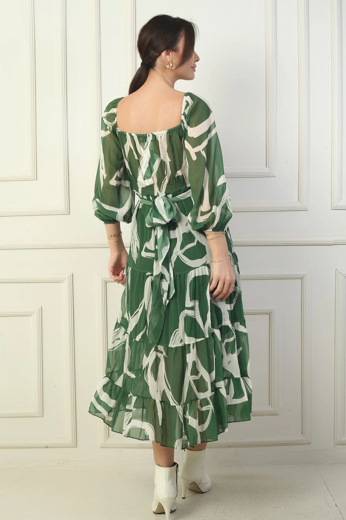 Image of Madonna Neckline Lined Cross-Tie Abstract Pattern Wrap Chiffon Dress