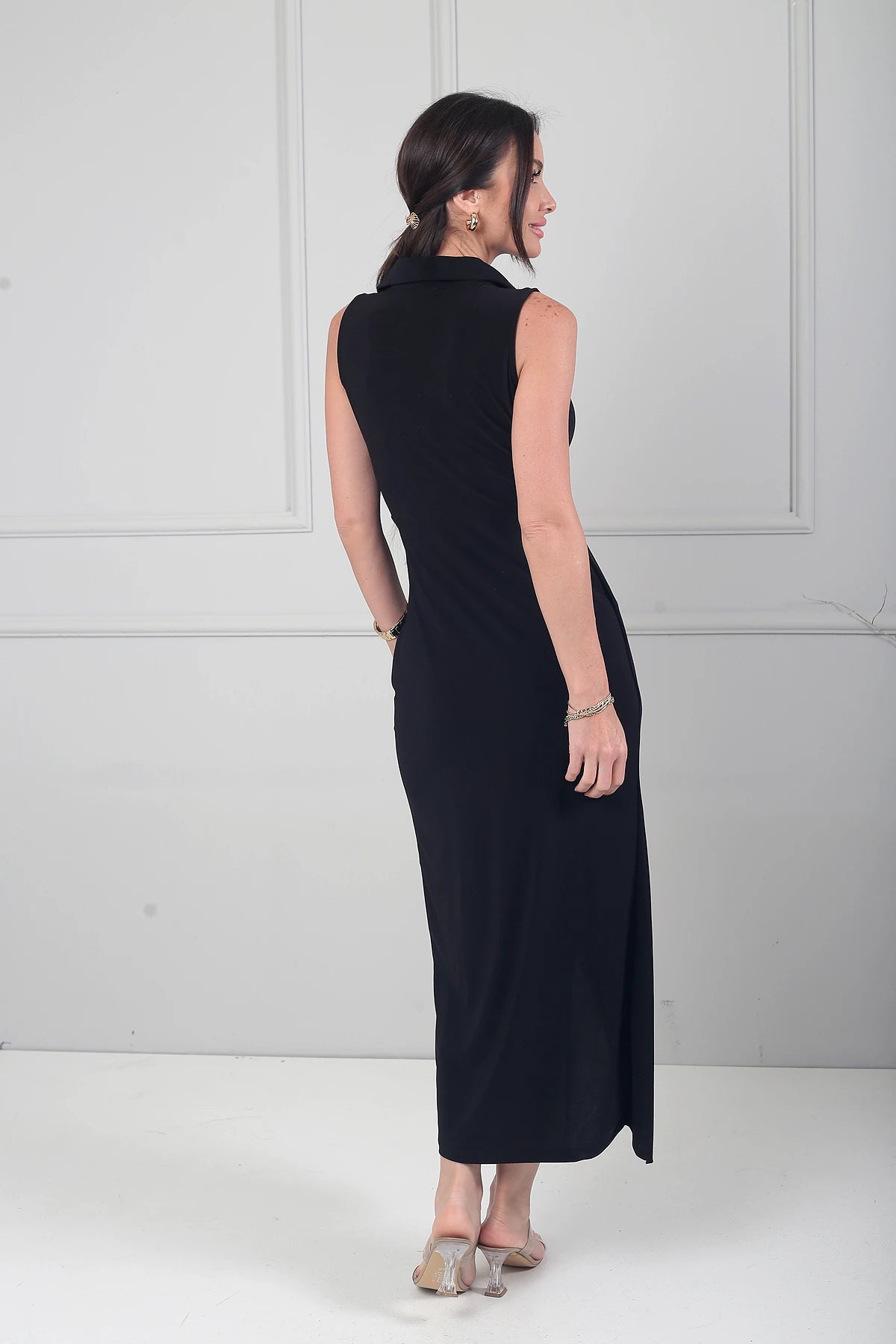 Image of Kadın Polo Kruvaze Yaka Drape Detaylı Likralı Midi Elbise