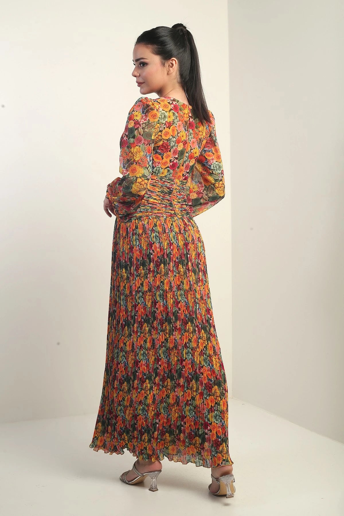 Image of Women's V-Neck Lined Floral Patterned Fully Pleated Chiffon Long Dress