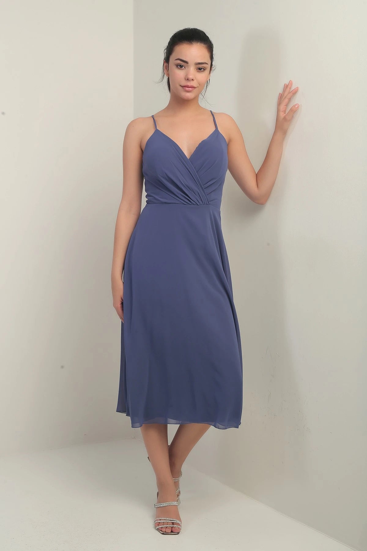 Image of Women's Strappy Wrap Neckline Lined Lace-Up Back Flared Chiffon Dress