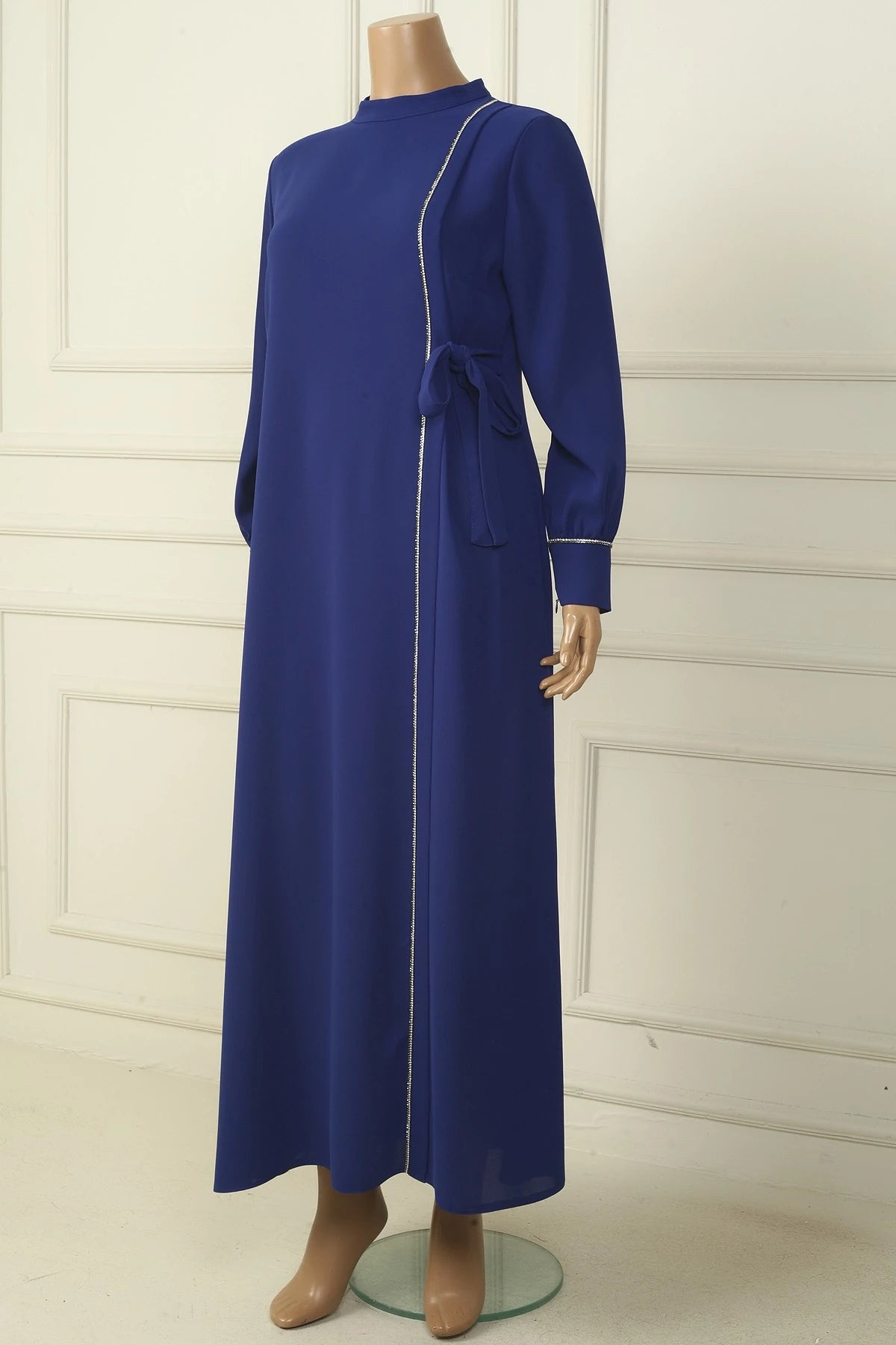 Image of Women's Plus Size Long Crepe Dress with Zippered Sleeves, Stone Embellishments, and Side Tie Closure