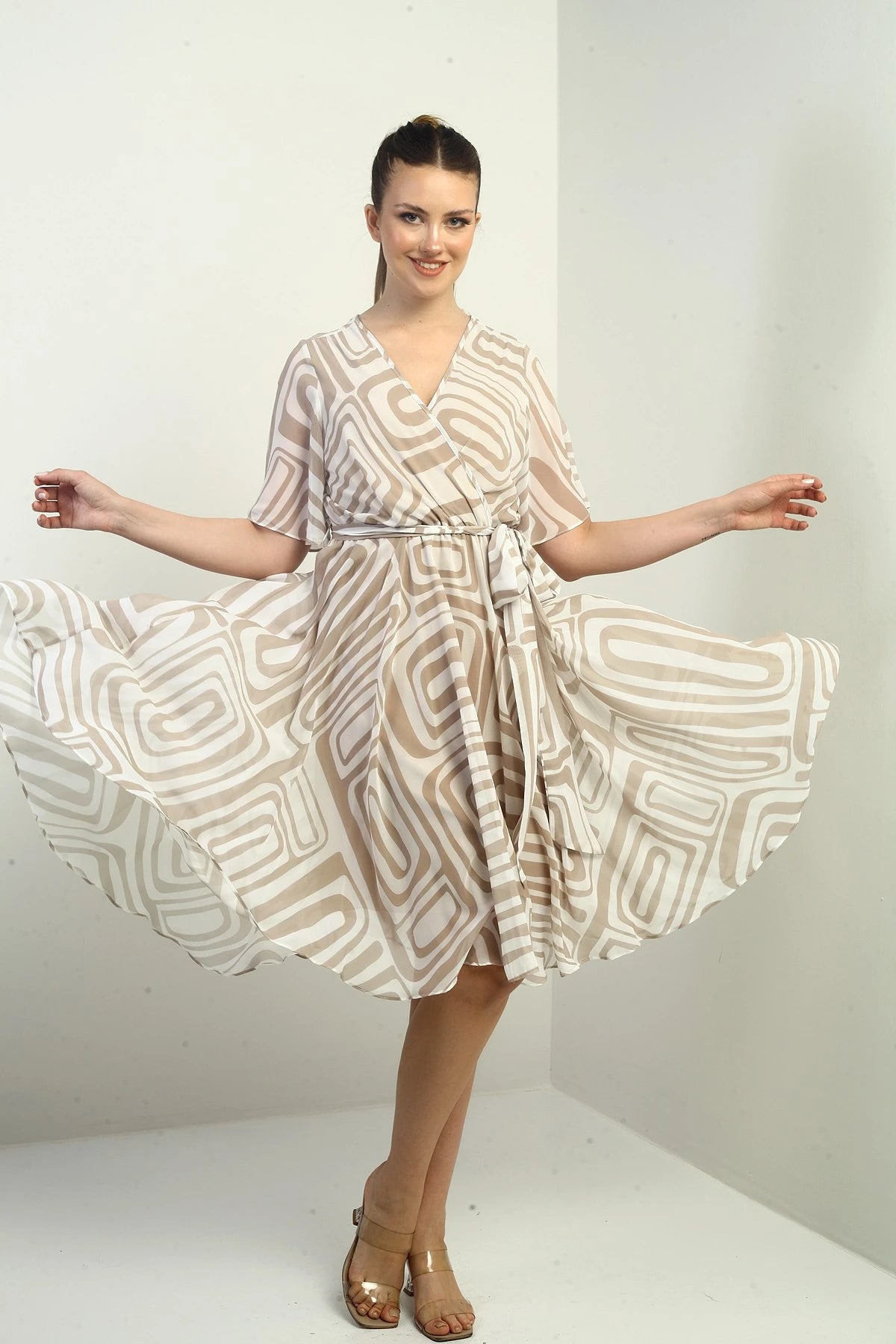 Image of Women's Wrap Neckline Belted Lined Geometric Pattern Chiffon Dress