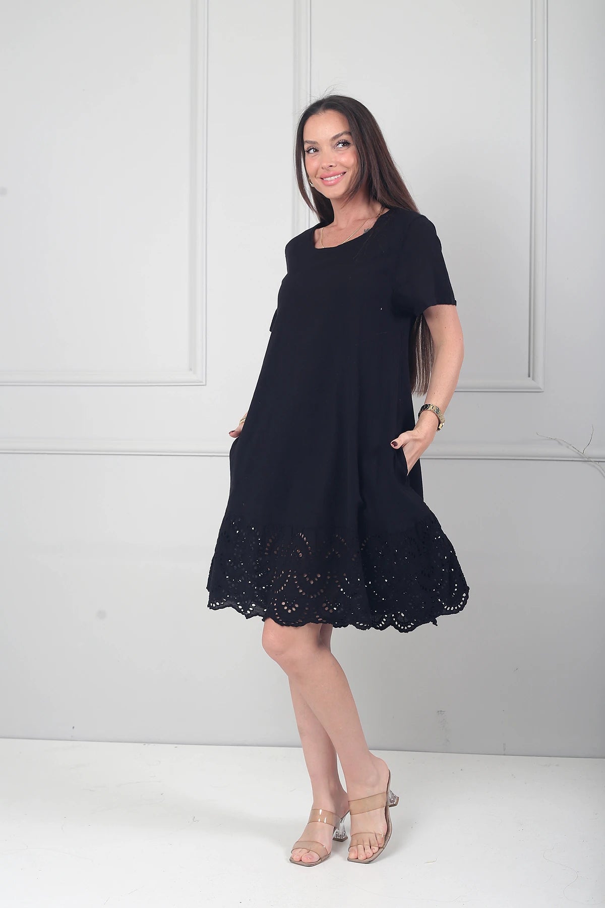 Image of Kadın İtalyan Kısa Kollu Eteği Fisto Astarlı Cepli Cotton Midi Elbise