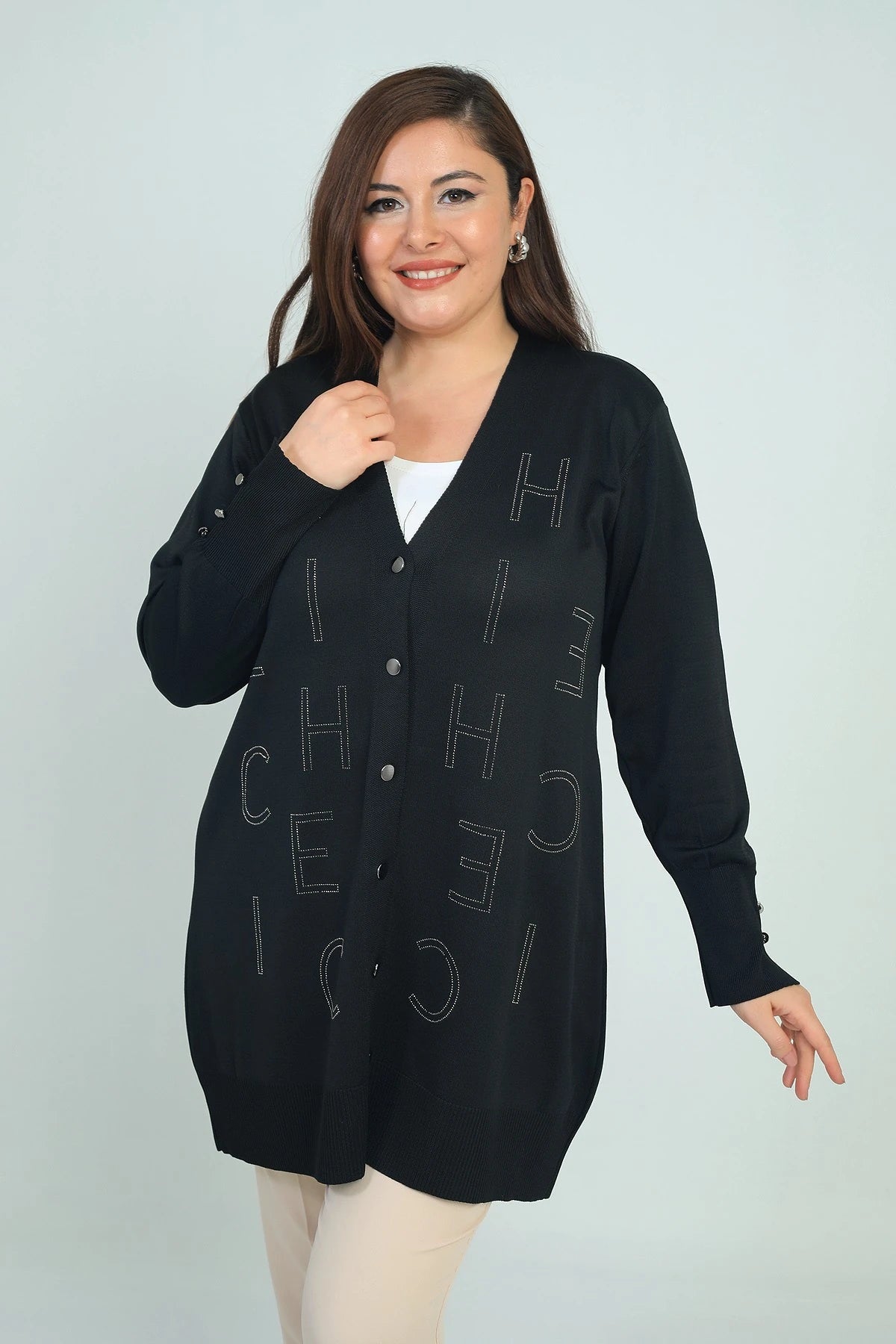 Image of Women's Plus Size Cardigan with Button Detail on Sleeves and Stone Letter Print, Cold Yarn.