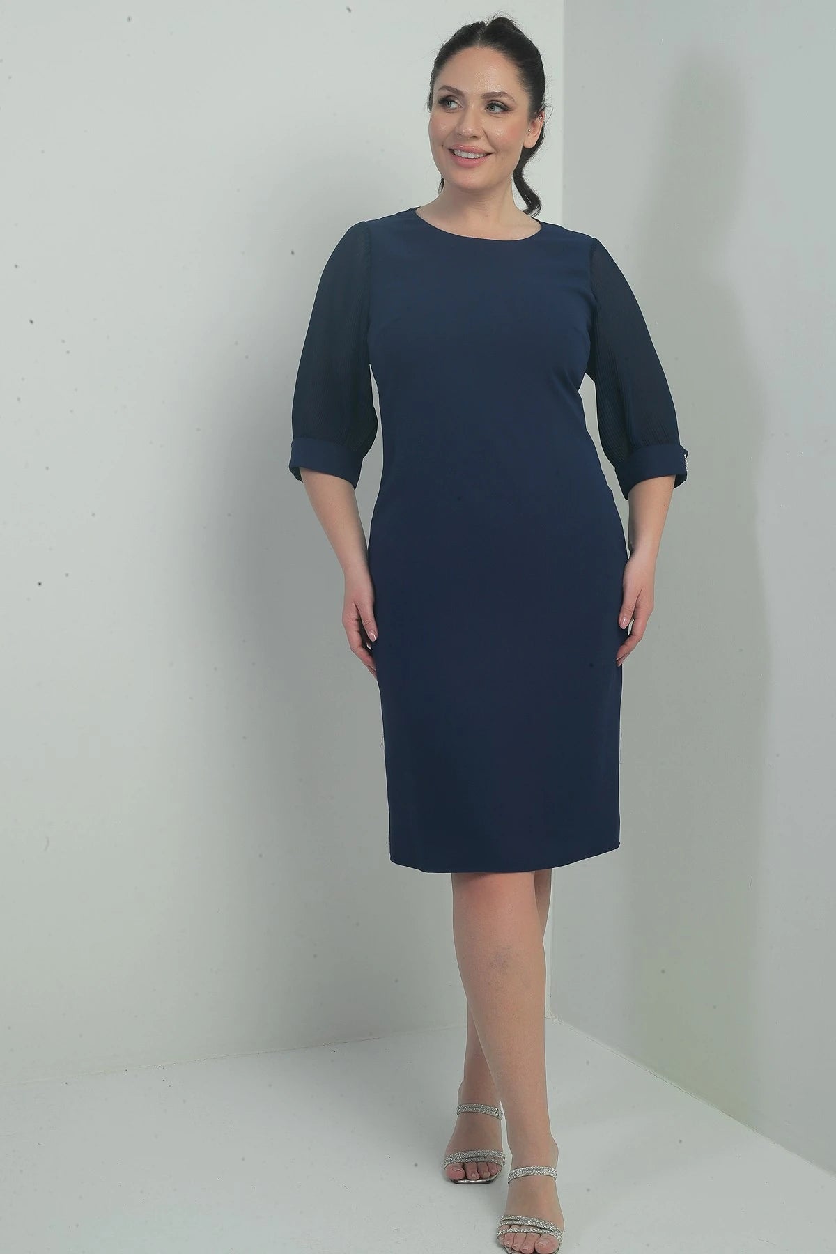 Image of Women's Plus Size Dress with Chiffon Pleated Sleeves and Lining