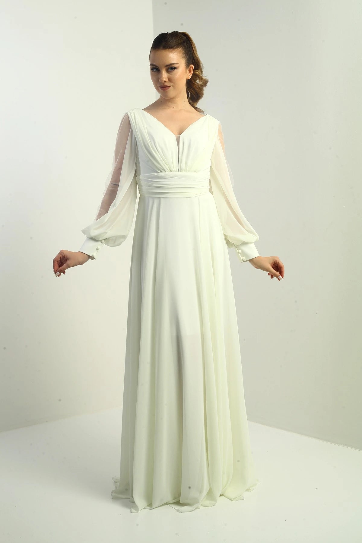 Image of Front and back V-neck, draped front, tulle sleeves, lined, wide-length chiffon dress.
