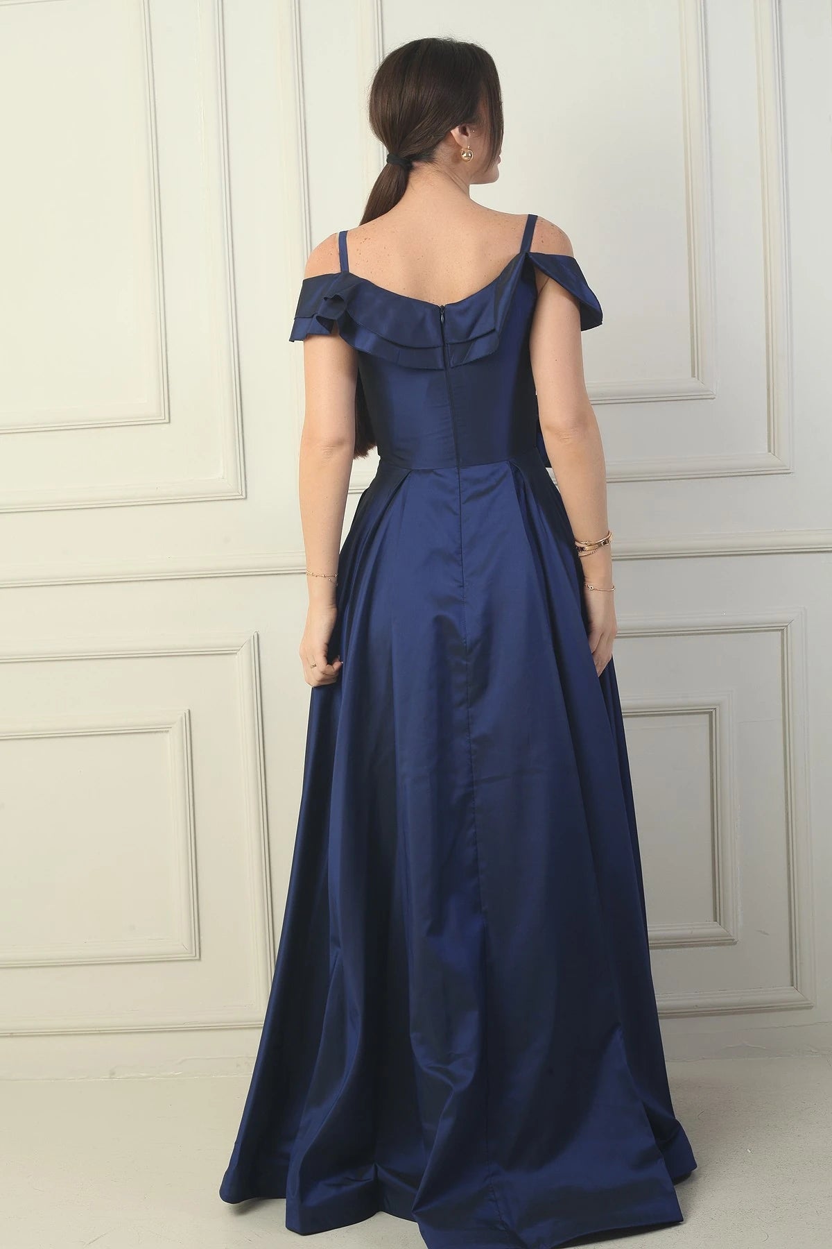 Image of Women's Strappy Boat Neck Long Taffeta Evening Dress with Rose Detail, Lined, and Pockets