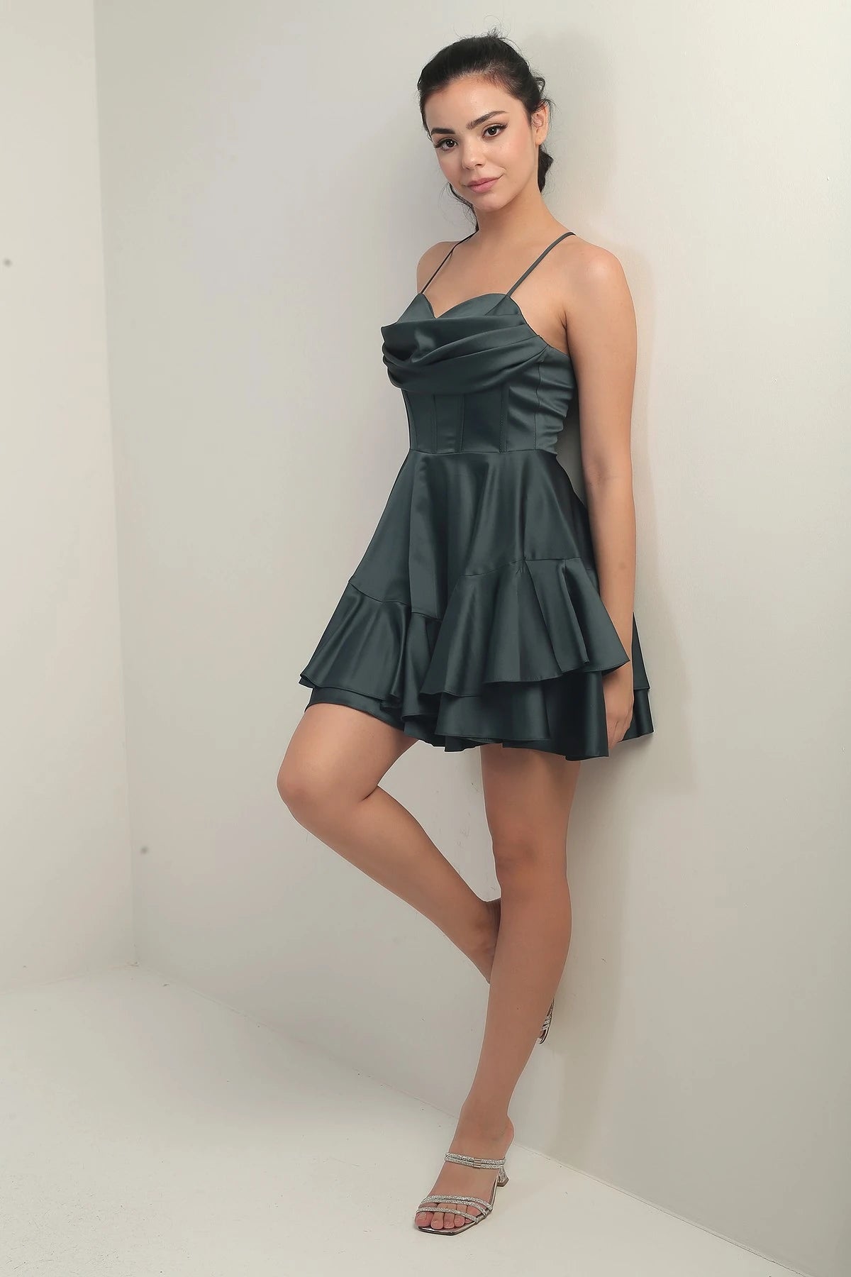 Image of Women's Strappy Back Tie Underwired Short Satin Dress with Layered Lining