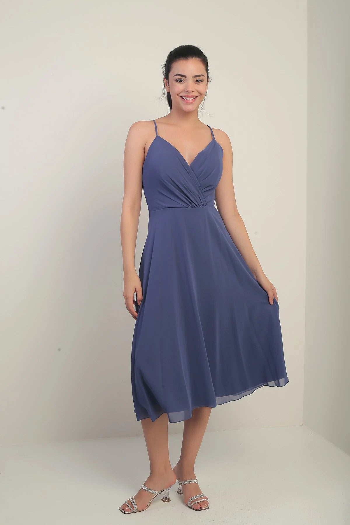 Image of Women's Strappy Wrap Neckline Lined Lace-Up Back Flared Chiffon Dress