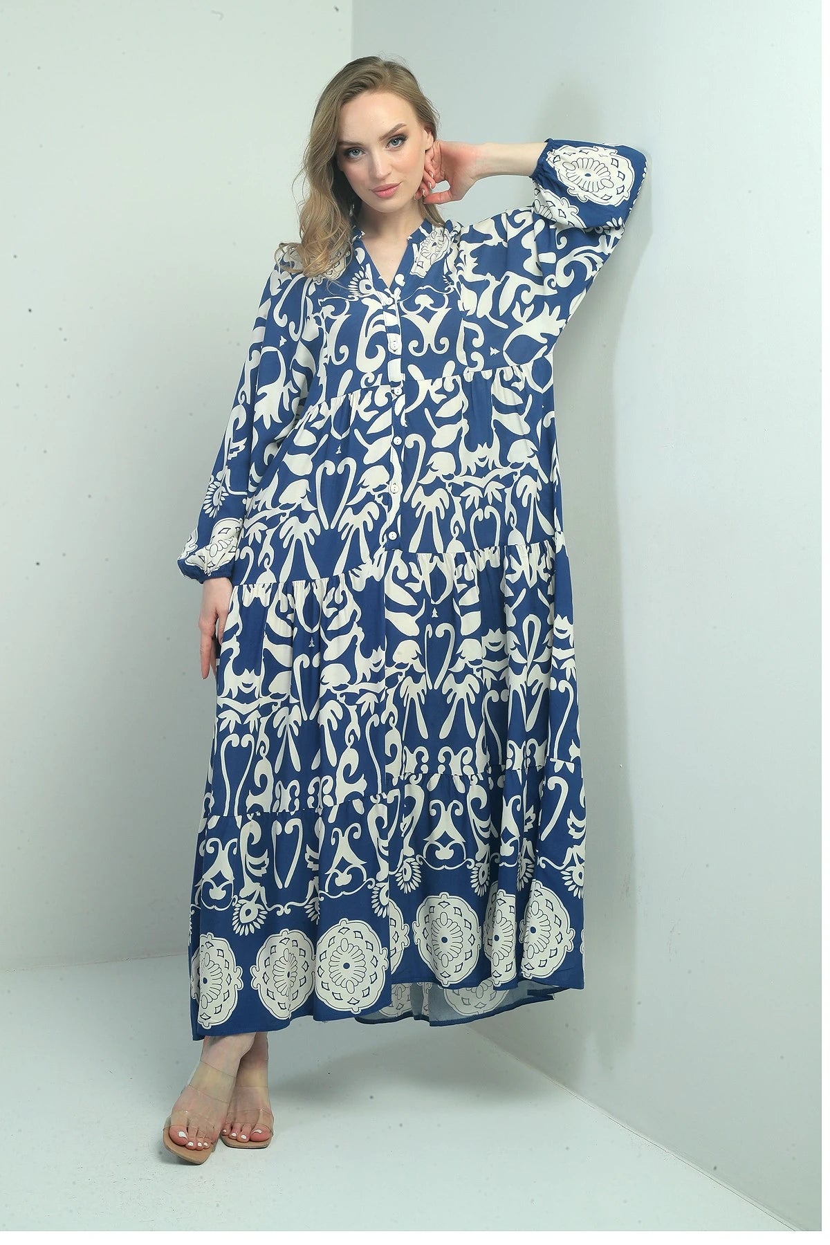 Image of Women's Mandarin Collar, Button-Front, Elasticated Cuff, Shawl Pattern Long Hijab Dress