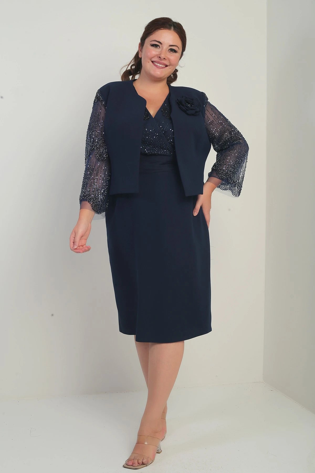 Image of Women's Wrap Neckline Draped Waist Dress with Tulle Sleeves, Lined Jacket with Sequin Details, Plus Size Two-Piece Set