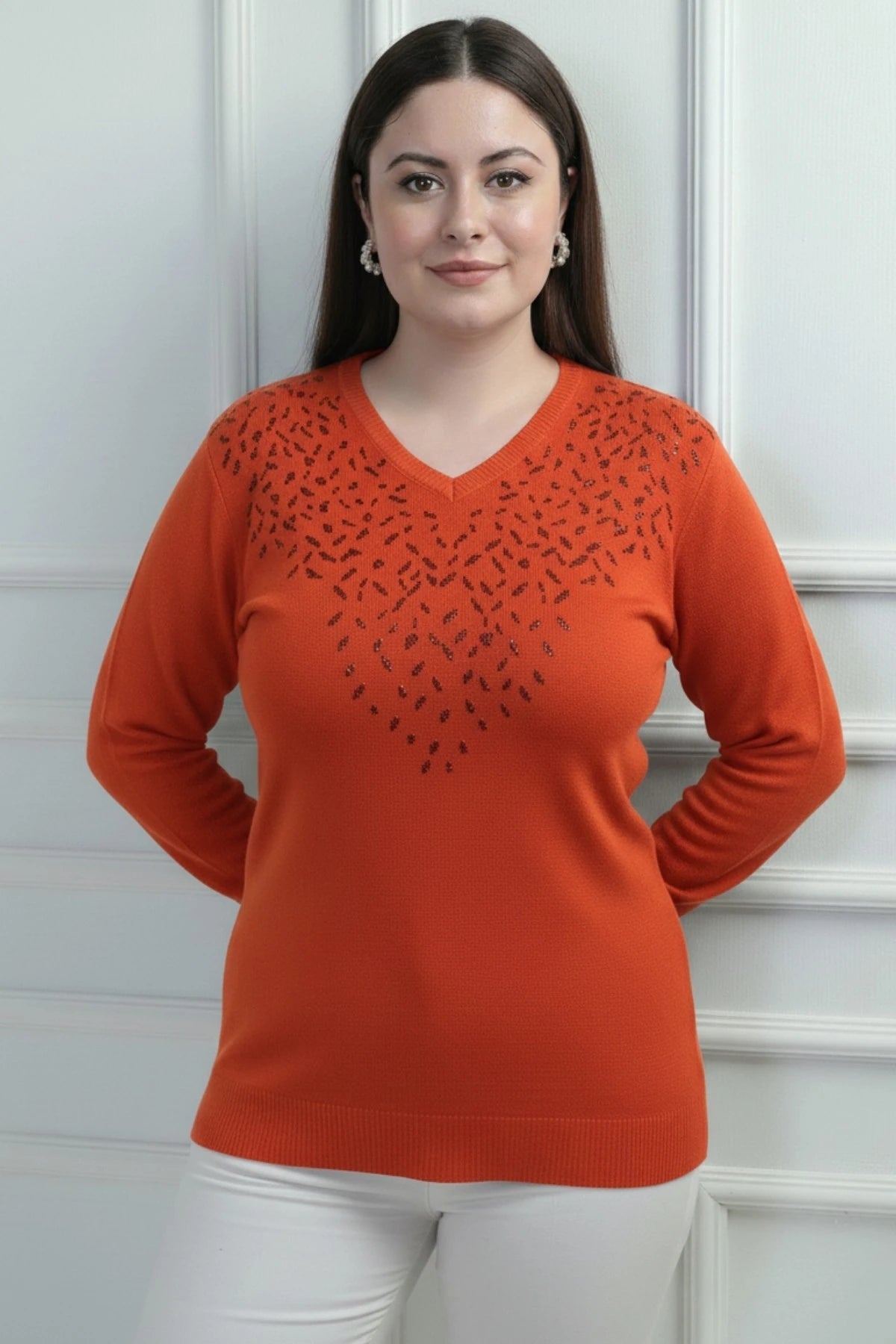 Image of Women's V-Neck Plus Size Knitted Blouse with Glitter Detail on the Front