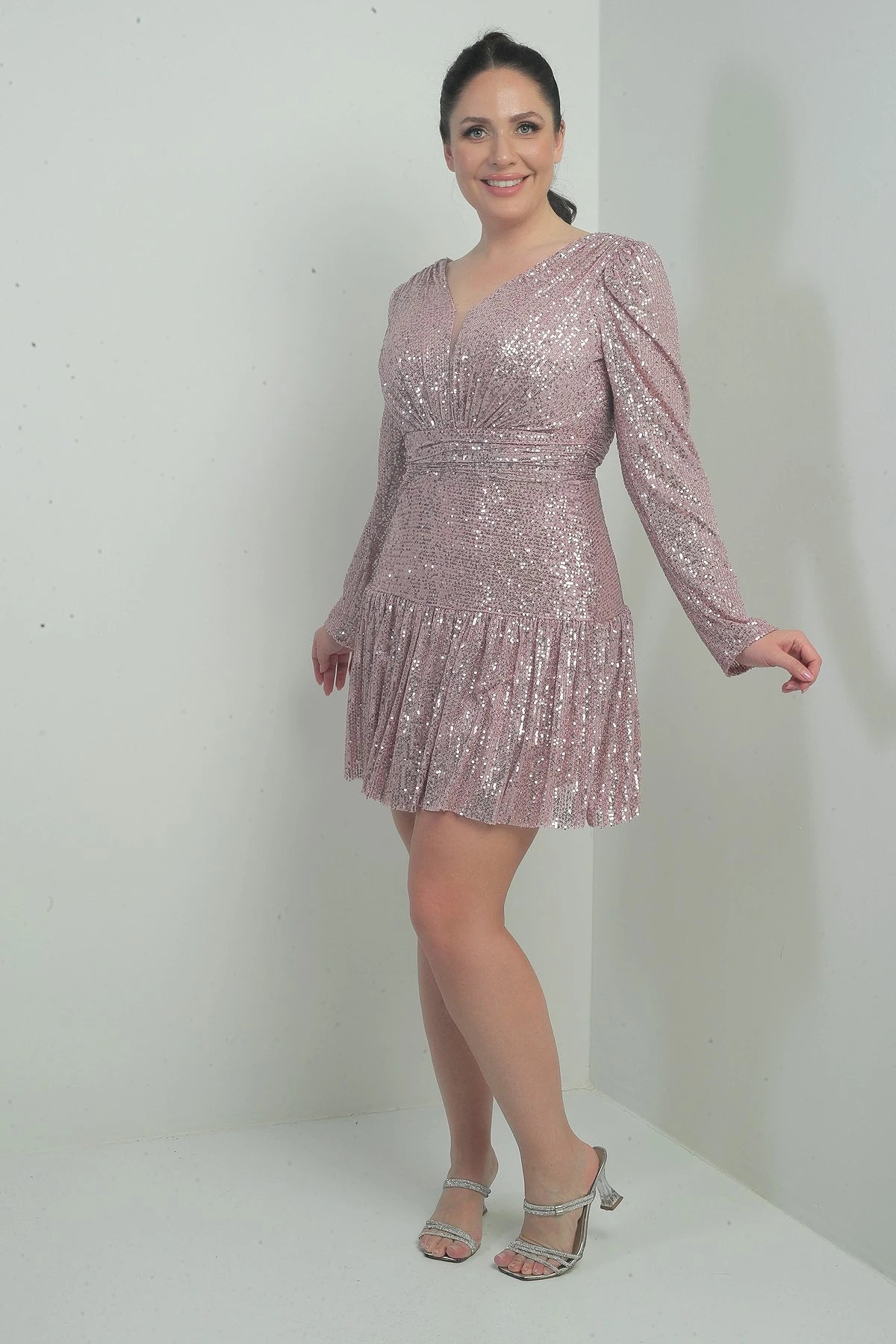 Image of Women's Front and Back V-Neck Lined Draped Long Sleeved Plus Size Sequin Dress