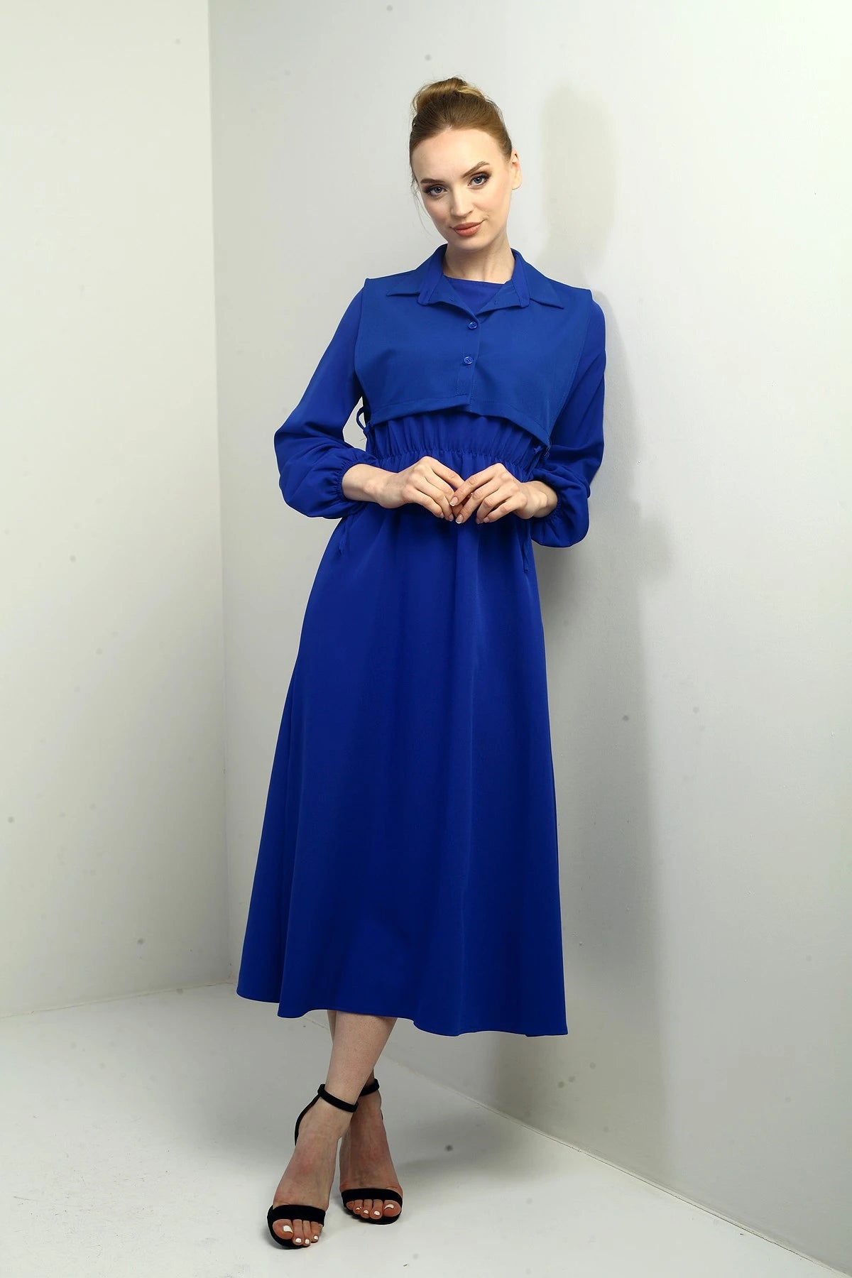 Image of Women's Button-Down Detachable Vest, Elastic Waist, Long-Sleeved Midi Dress