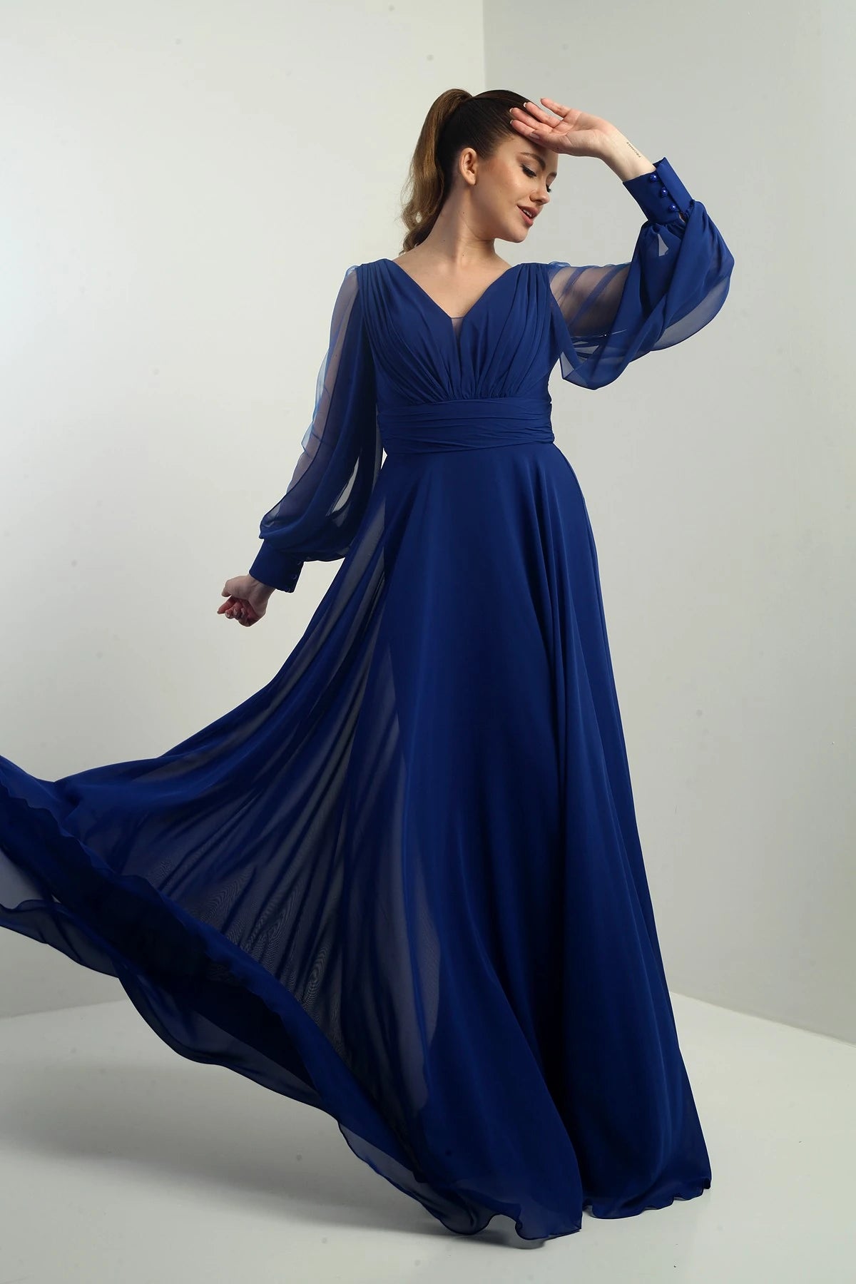 Image of Front and back V-neck, draped front, tulle sleeves, lined, wide-length chiffon dress.