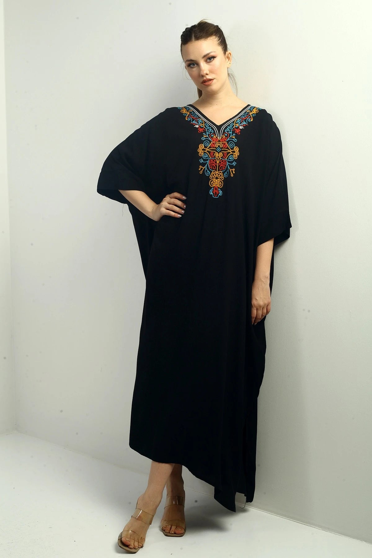 Image of Women's V-Neck Embroidered Pocket Oversize Long Dress