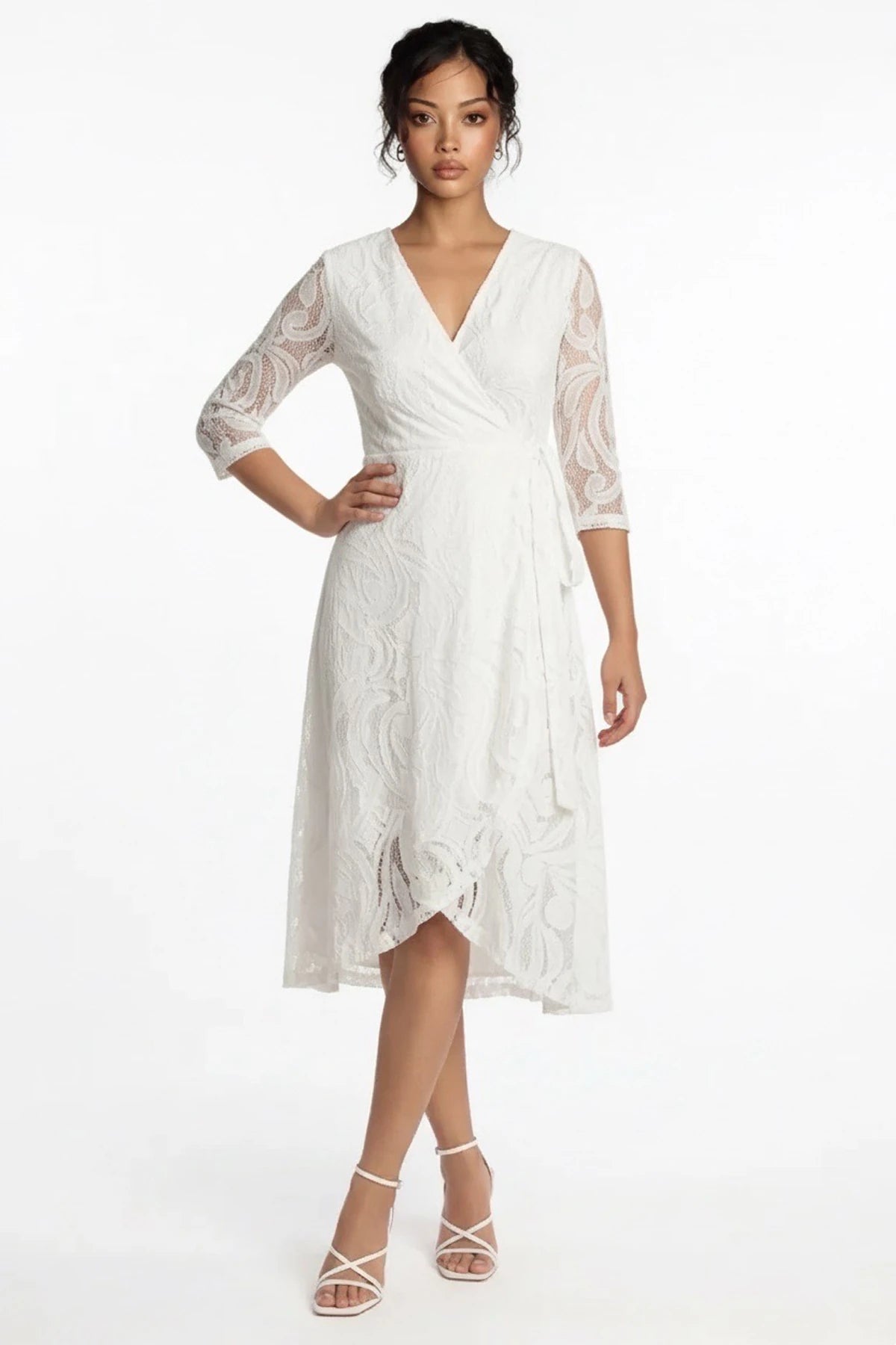 Image of Wrap Neckline Lined Envelope Lace Dress