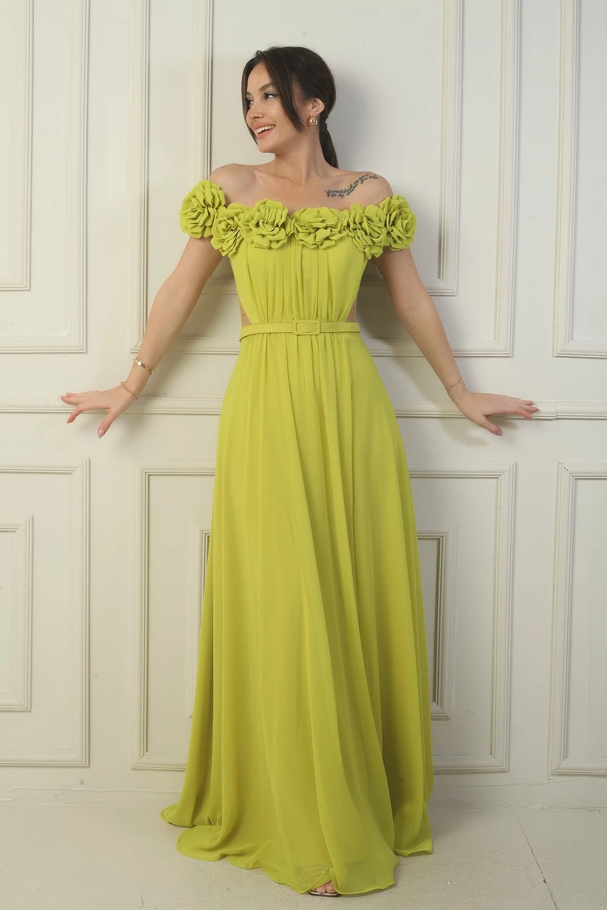 Image of Women's Long Chiffon Dress with Laser-Cut Floral Neckline and Lining, Belted Waist