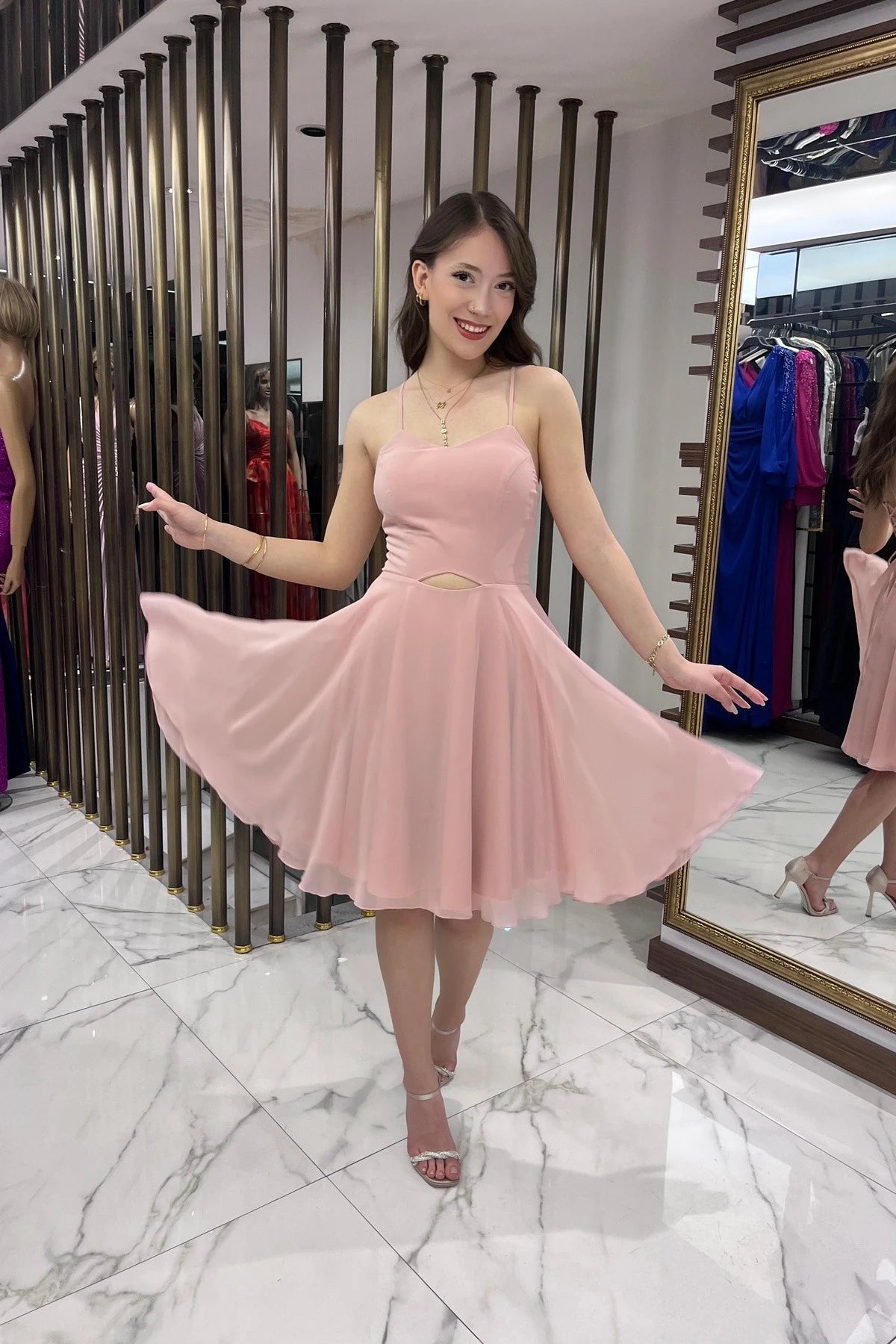 Image of Women's Strappy, Back-Tie, Front-Opening, Lined Chiffon Short Flared Dress