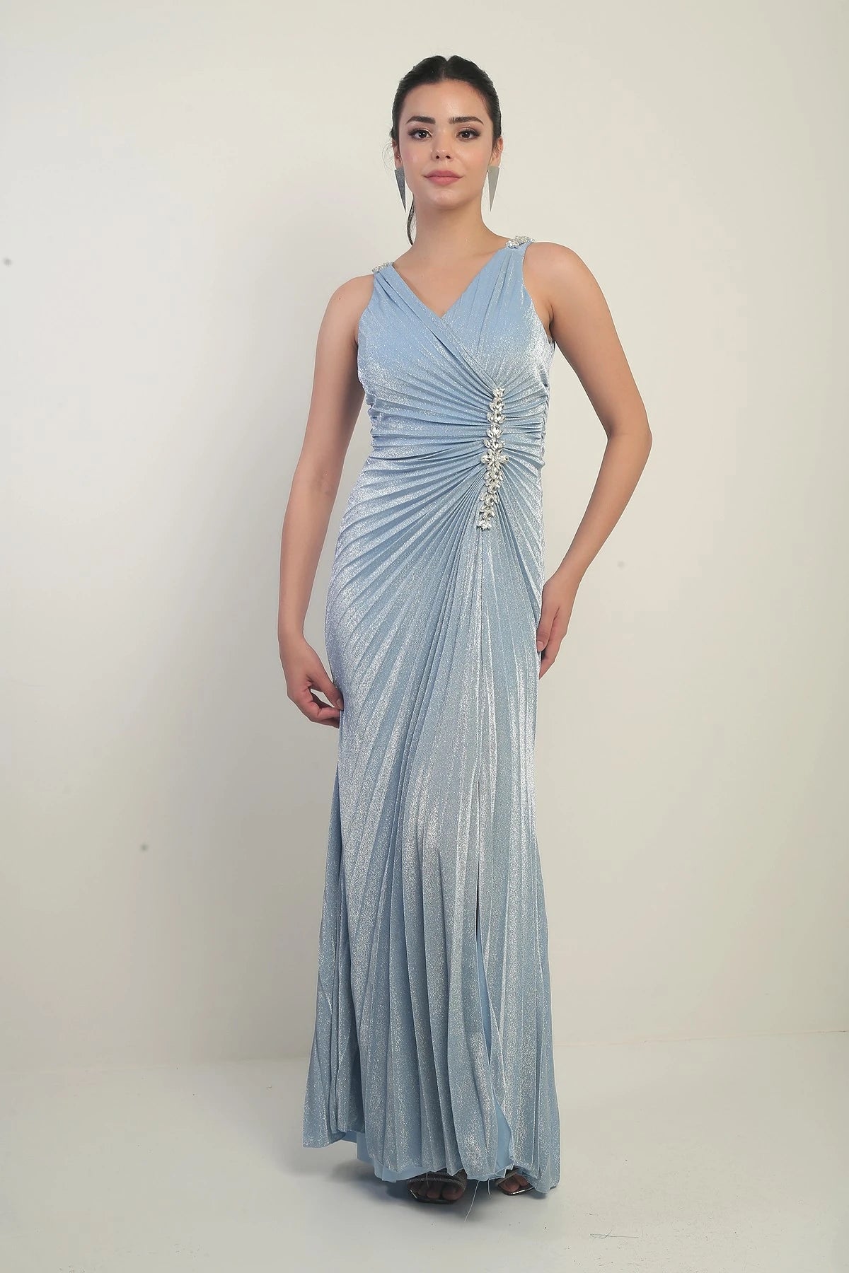 Image of Women's Wrap Neckline Long Evening Dress with Thick Shoulder Stone Detail, Stone Embellished Front, Gathered, and Slit