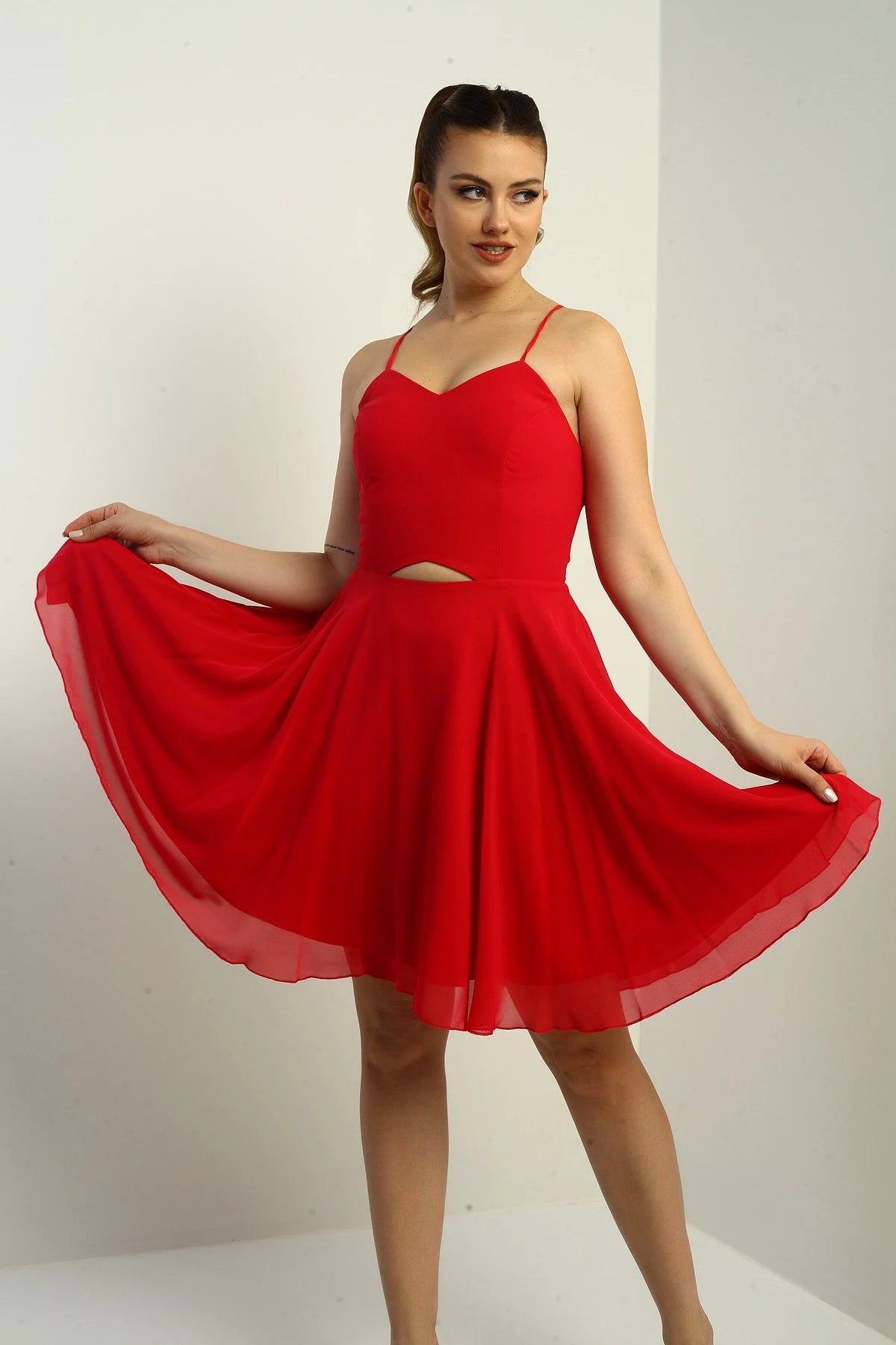 Image of Women's Strappy, Back-Tie, Front-Opening, Lined Chiffon Short Flared Dress