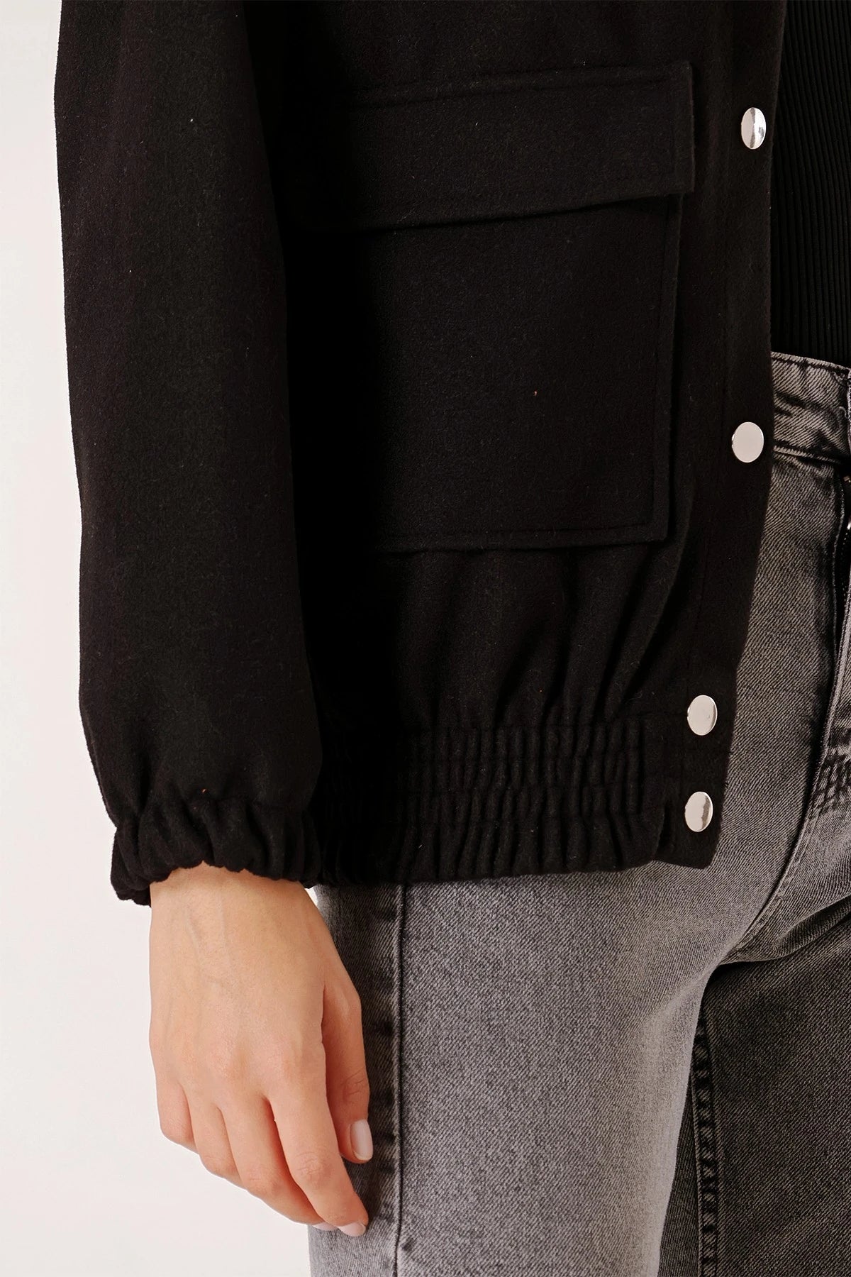 Image of Elasticated Waist Bomber Jacket with Patch Pockets