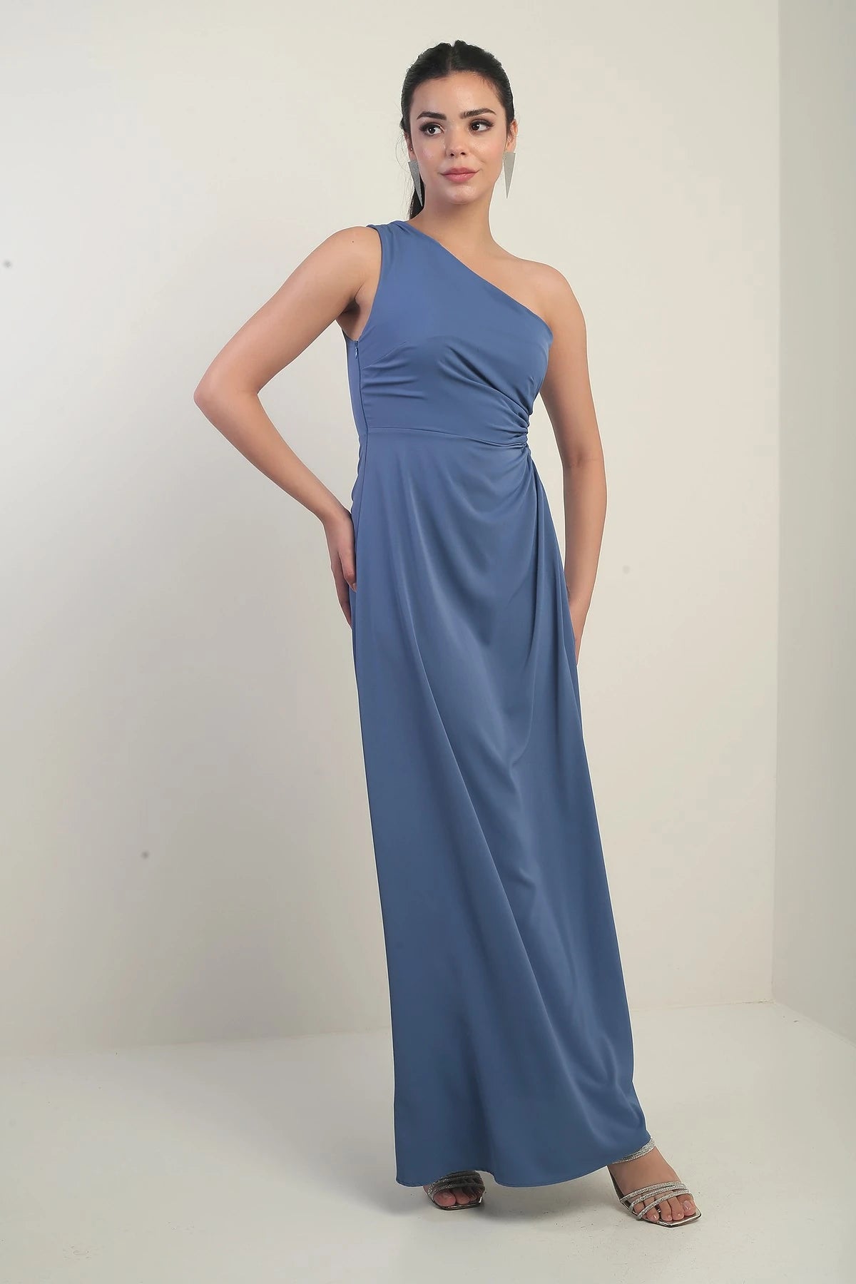 Image of Women's One-Shoulder Long Crepe Satin Dress with Side Window Detail