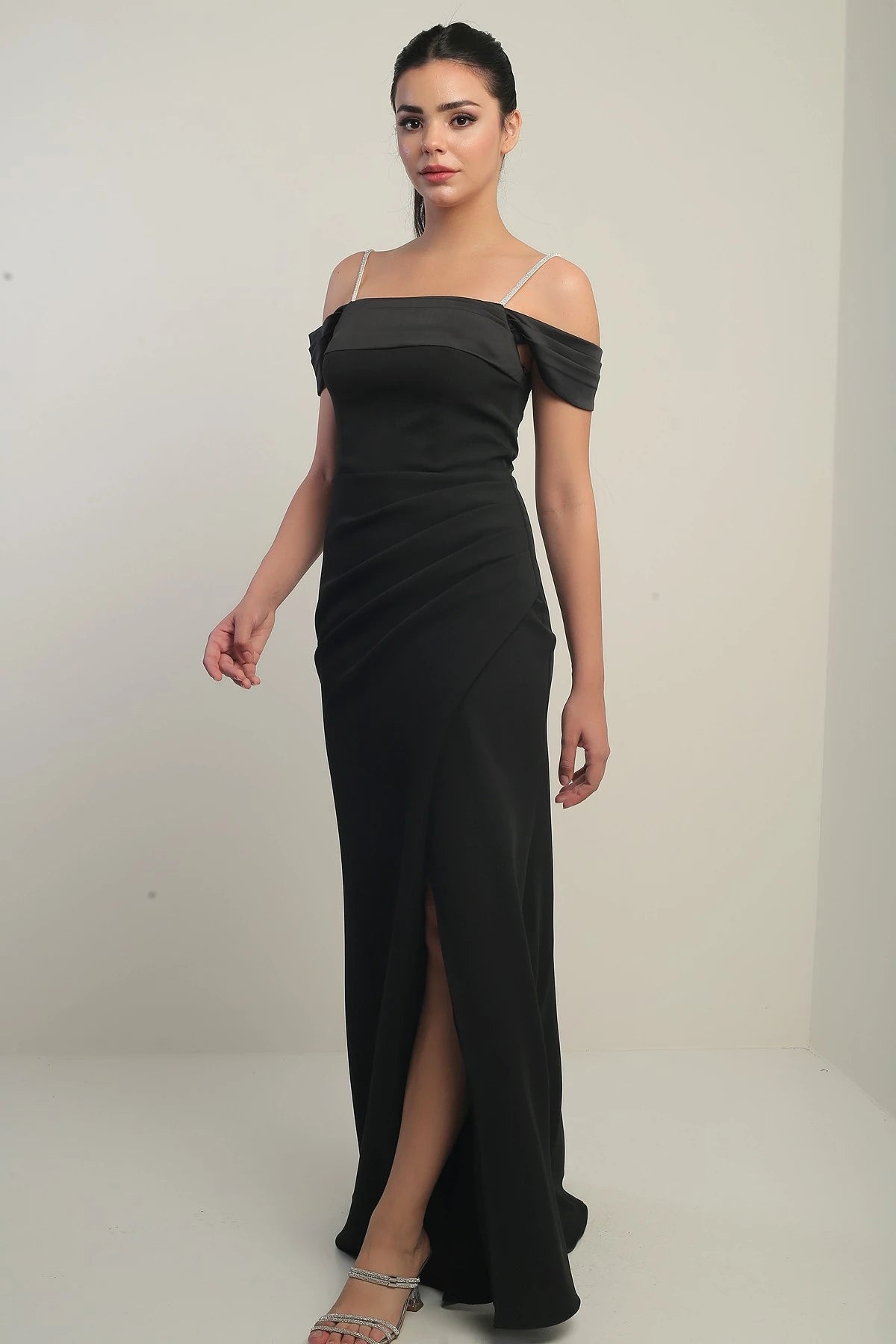 Image of Women's Embellished Thin Strap, Dropped Sleeve Satin Madonna Neckline Lined Draped Double Fishtail Dress