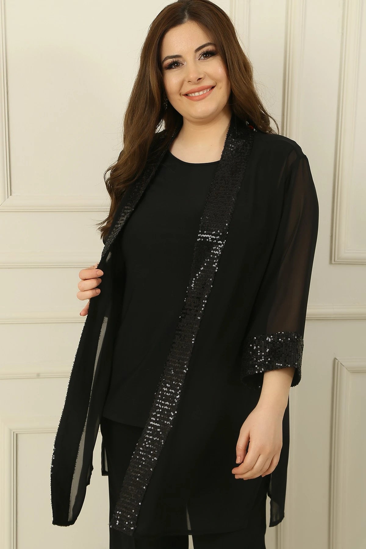 Image of Shawl Collar Sequin Detail Chiffon Jacket and Sleeveless Blouse Set, Plus Size, 2-Piece