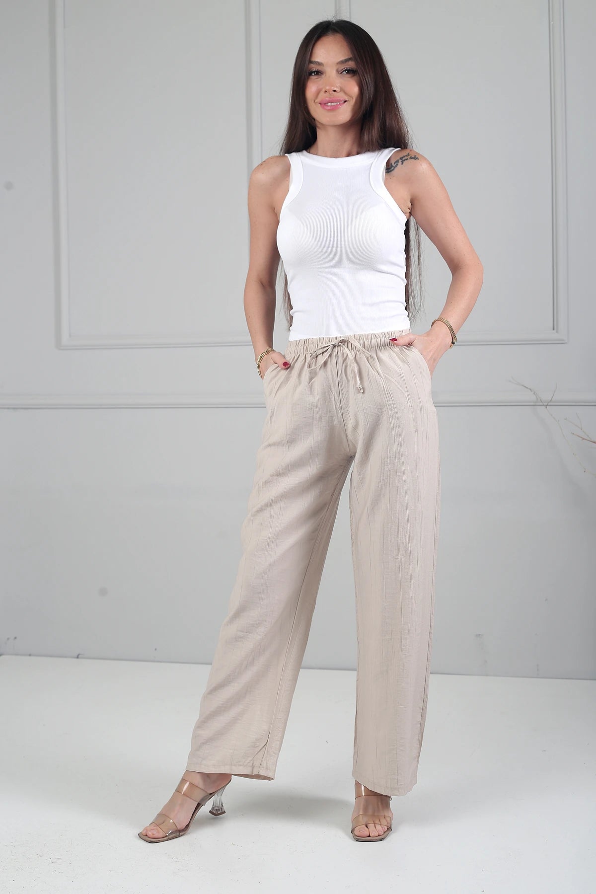 Image of Women's Elastic Waist Wide Leg Strawberry Patterned Pants with Pockets
