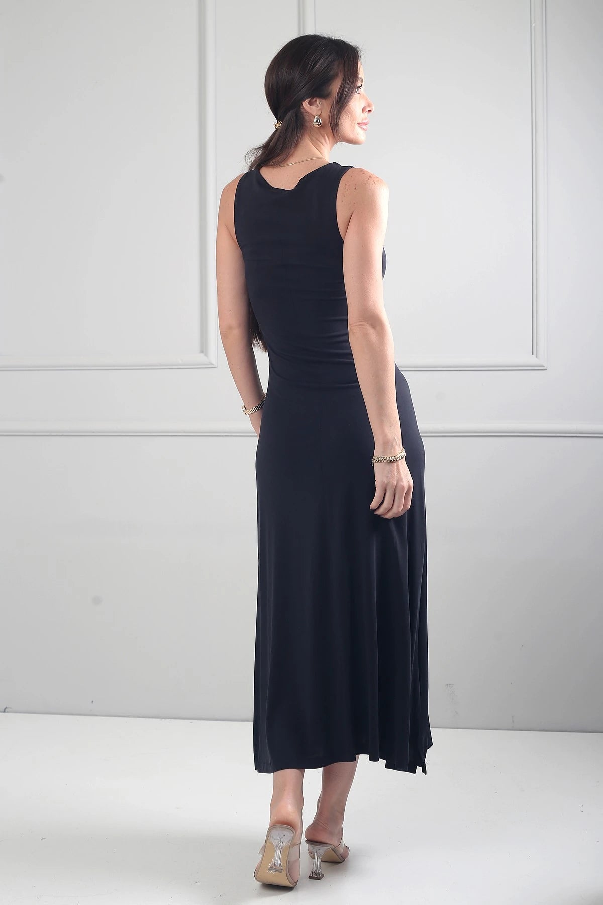Image of Women's Round Neck Long Dress with Side Slits and Lycra Fabric