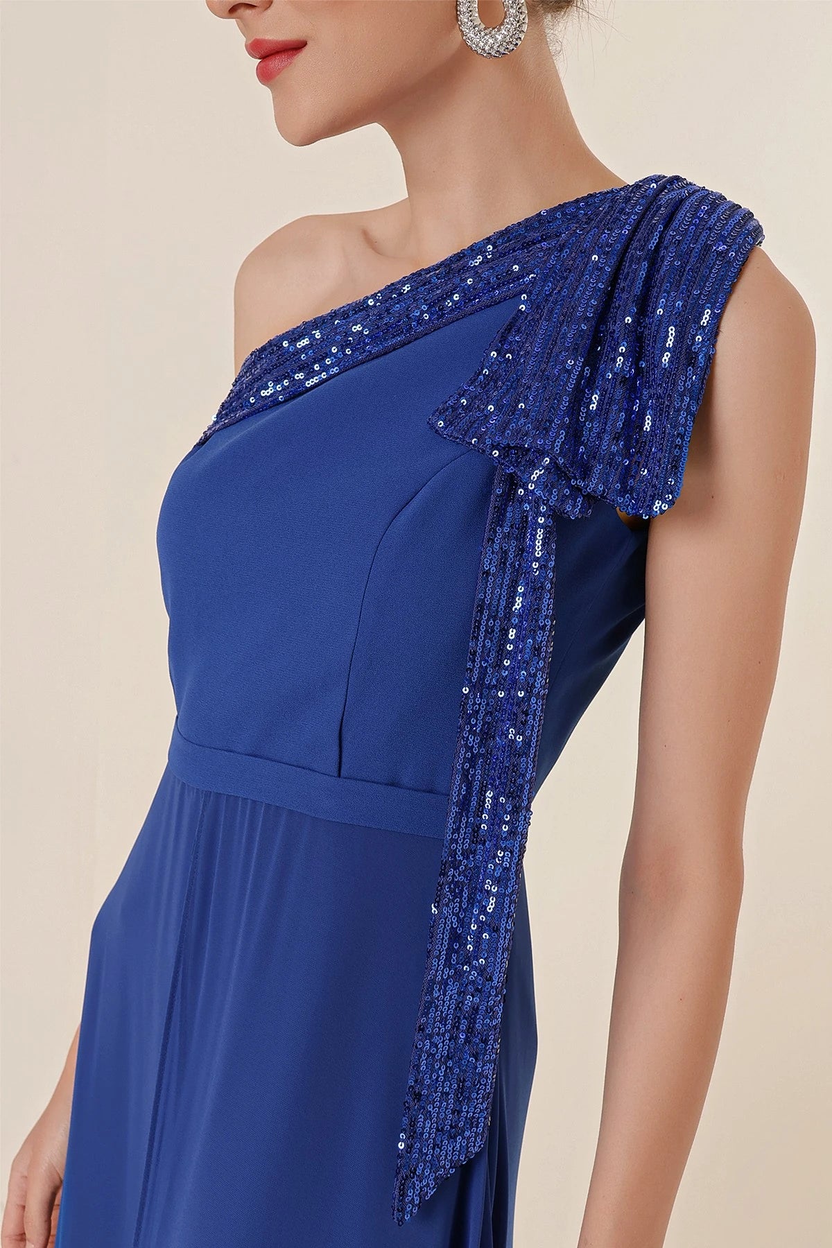 Image of Sequin Collar One-Shoulder Chiffon Crepe Jumpsuit