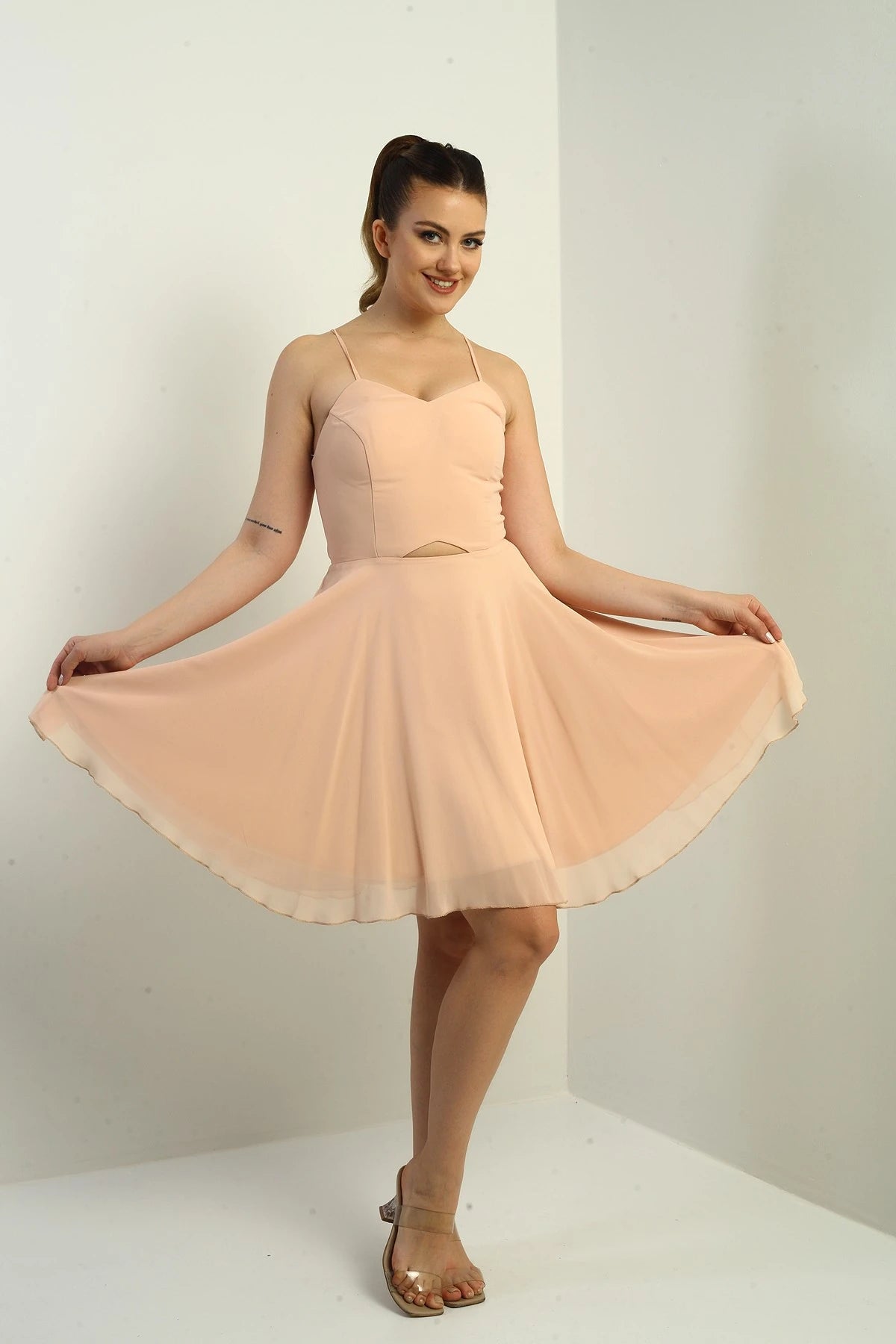Image of Women's Strappy, Back-Tie, Front-Opening, Lined Chiffon Short Flared Dress
