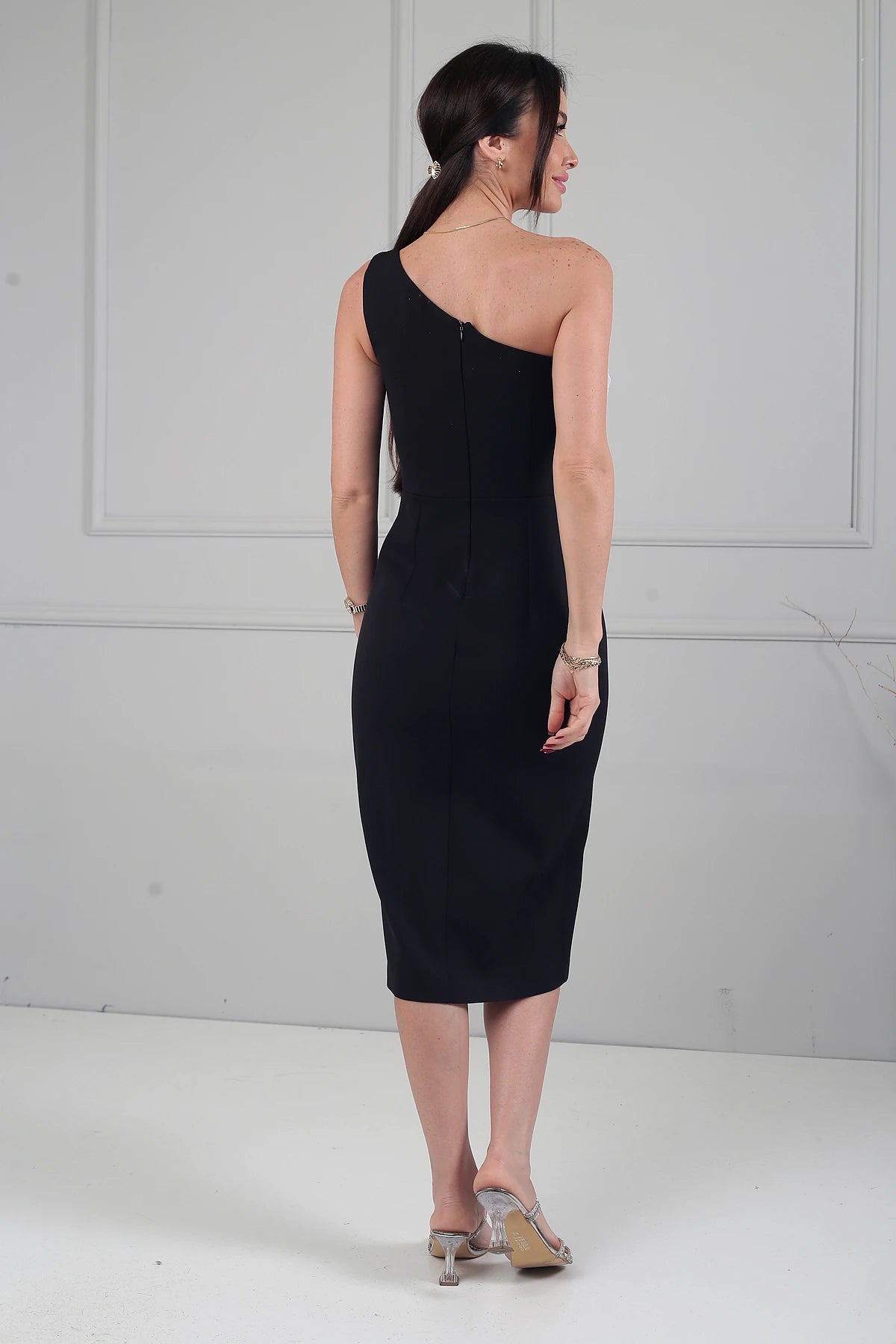 Image of Women's One-Shoulder Crepe Midi Dress with Floral Detail and Front Slit