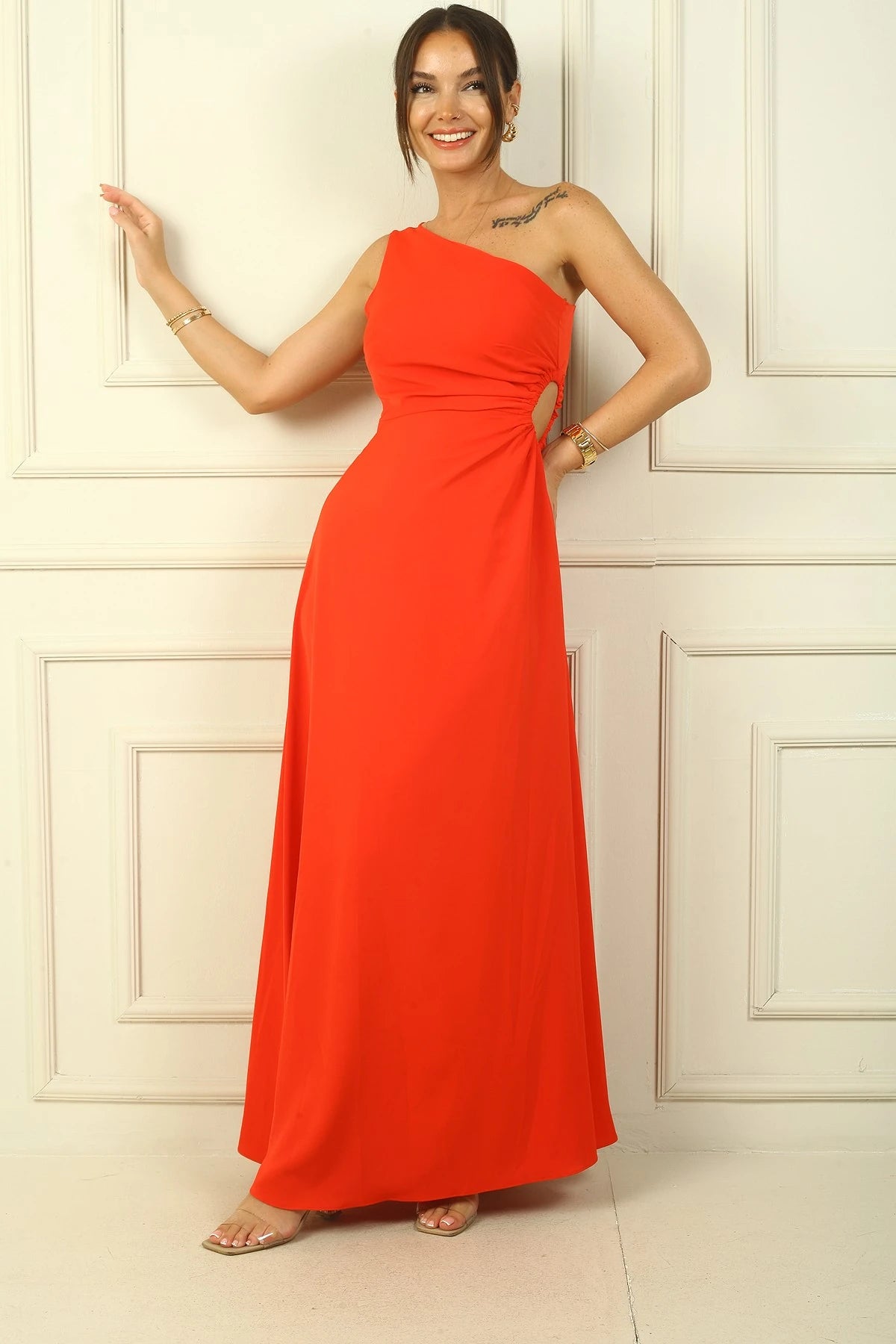 Image of Women's One-Shoulder Long Crepe Satin Dress with Side Window Detail