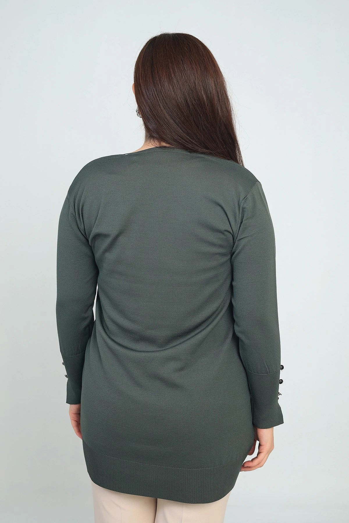 Image of Women's Plus Size Cardigan with Button Detail on Sleeves and Stone Letter Print, Cold Yarn.