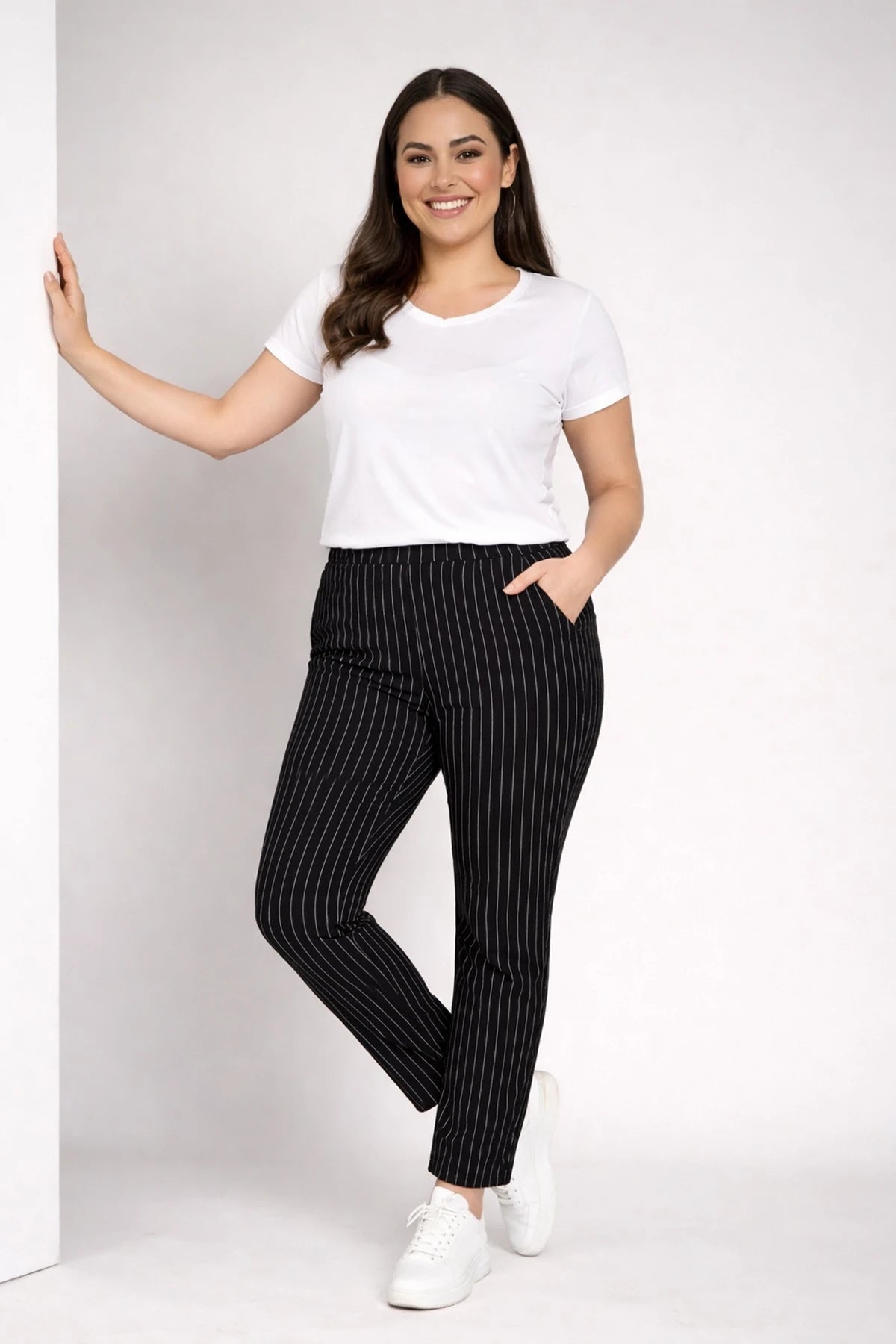 Image of Women's Plus Size Scuba Pants with Vertical Stripes and Pockets