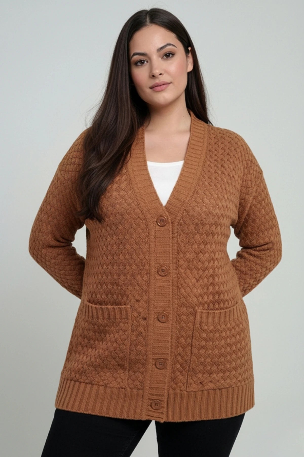 Image of Women's Basket Weave Pattern Pocketed Tunic Cardigan