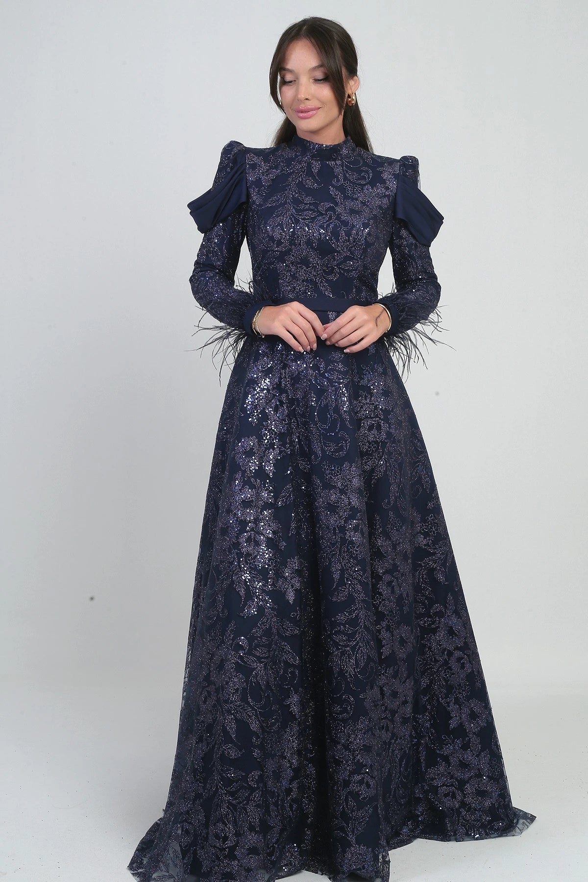 Image of Women's Long Dress with Feathered Sleeves, Beads and Glitter Details, and Lining