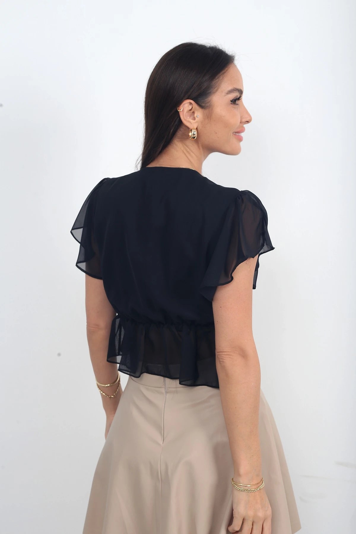 Image of Women's Wrap Neckline Side Tie Short Sleeved Chiffon Blouse