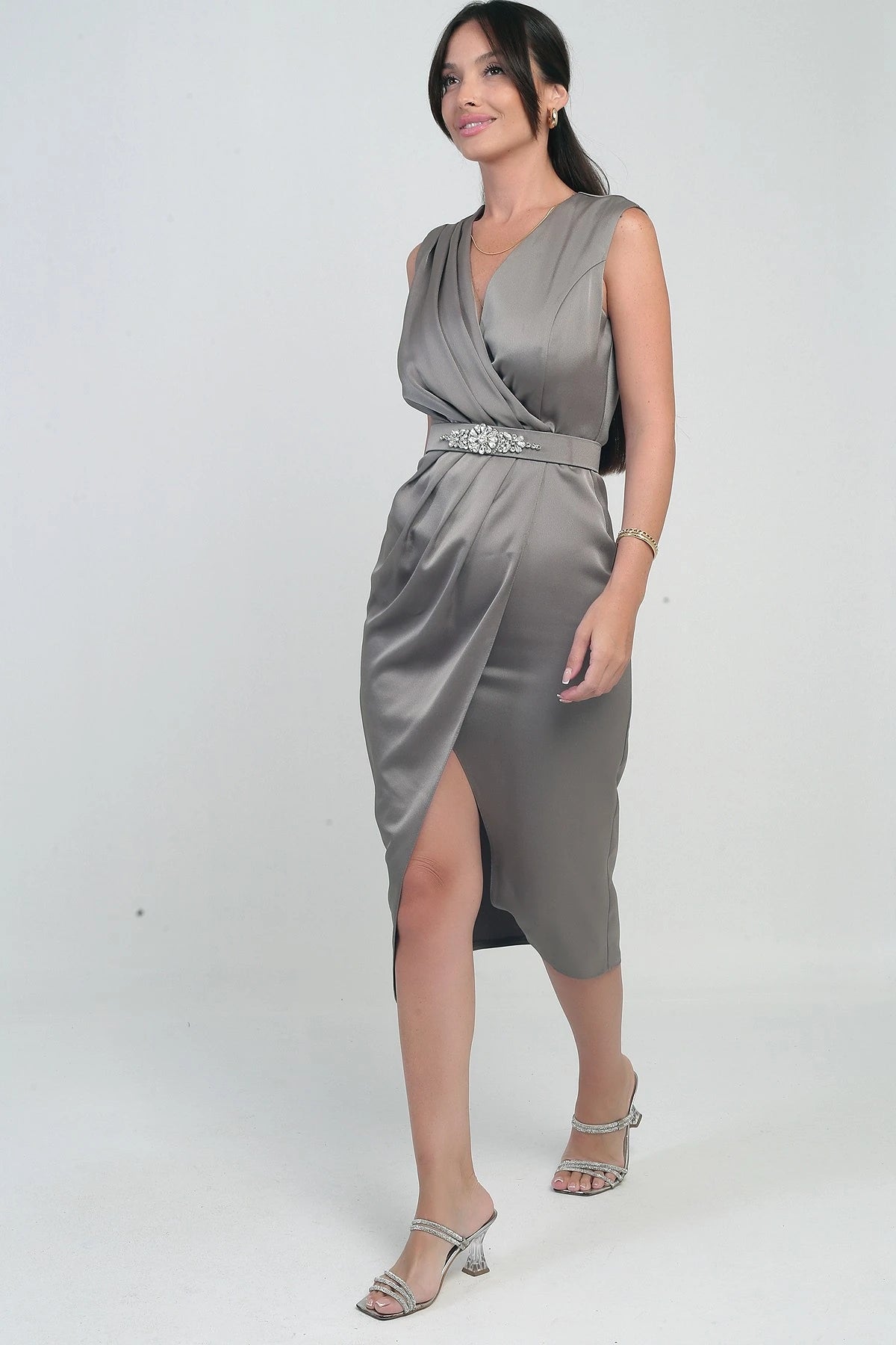 Image of Women's Wrap Neckline Front Pleated Belted Crepe Satin Dress