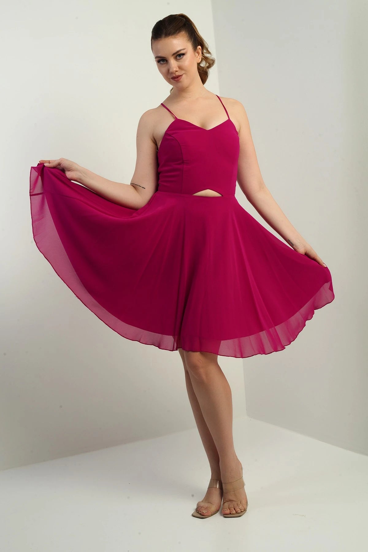 Image of Women's Strappy, Back-Tie, Front-Opening, Lined Chiffon Short Flared Dress