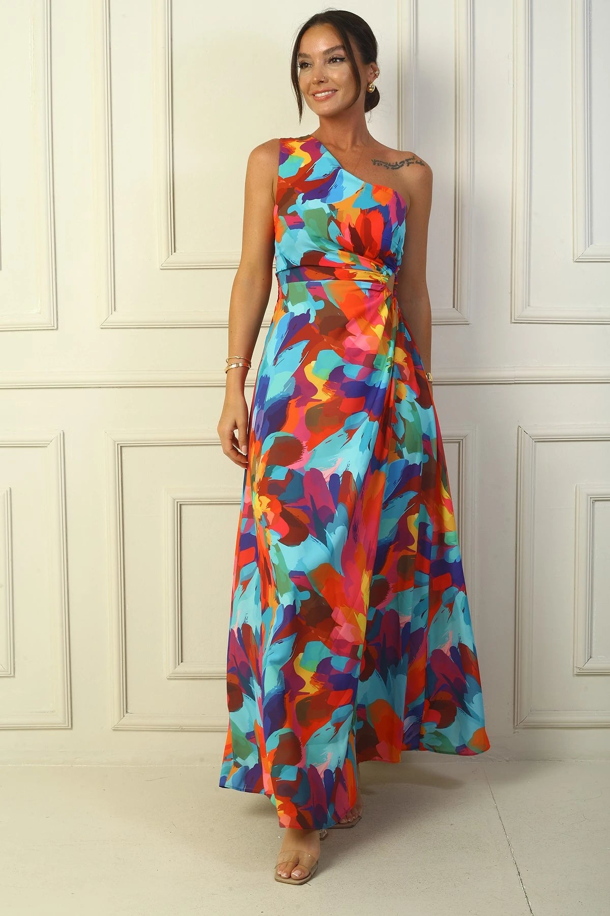 Image of Women's One-Shoulder Side Cutout Multicolored Long Crepe Satin Dress