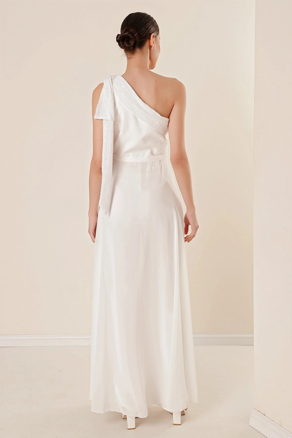 Image of Sequin Collar One-Shoulder Chiffon Crepe Jumpsuit
