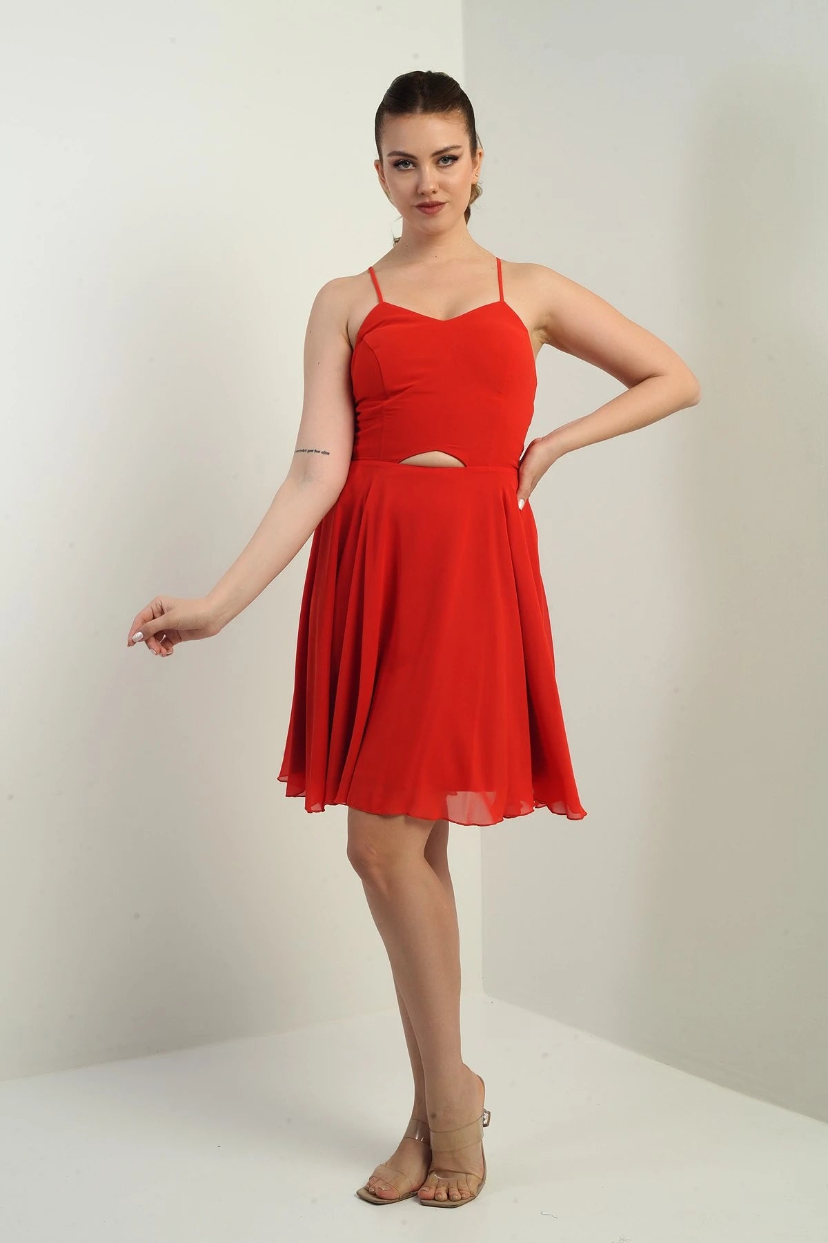 Image of Women's Strappy, Back-Tie, Front-Opening, Lined Chiffon Short Flared Dress