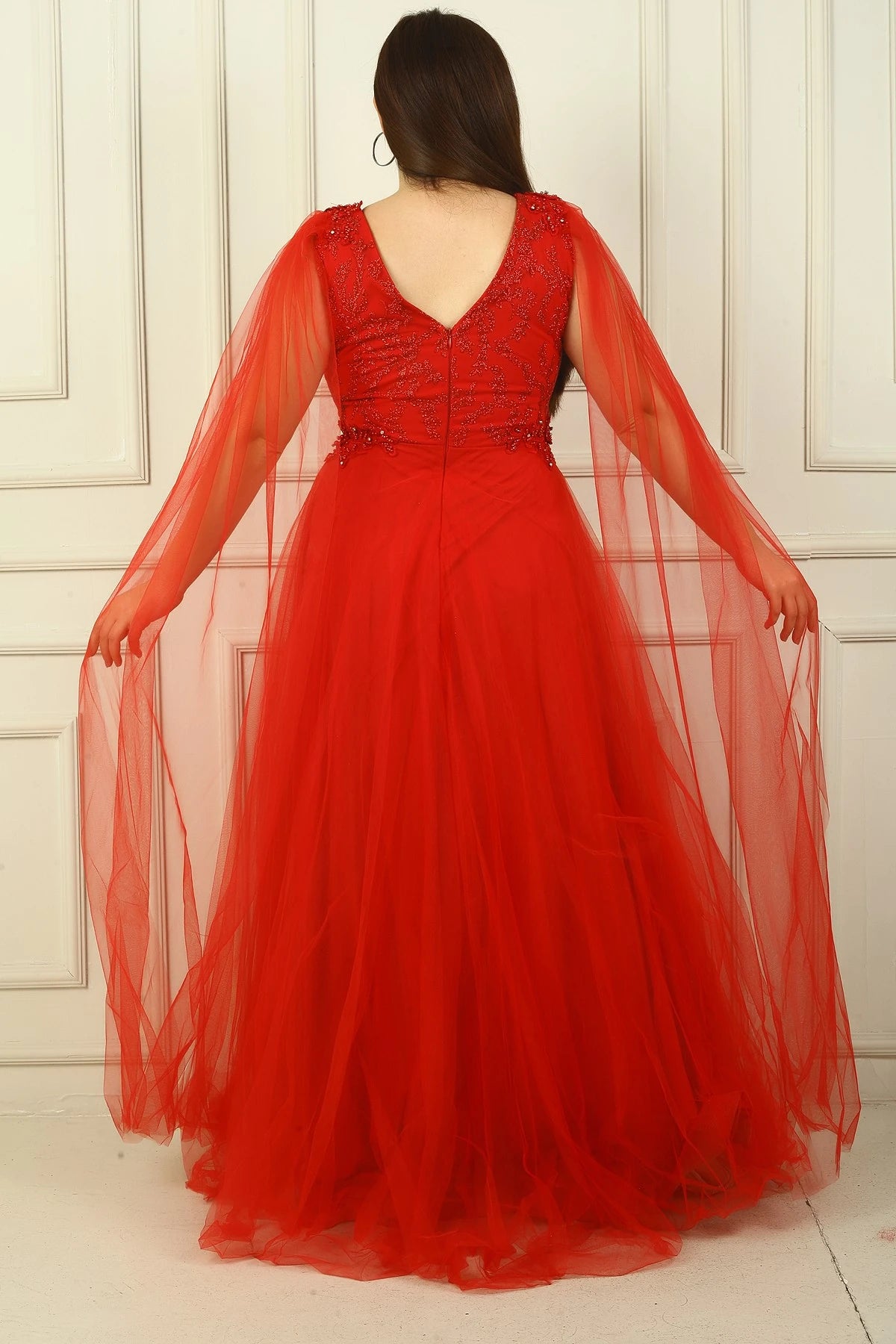 Image of Women's Front and Back V-Neck Long Tulle Evening Dress with Beaded Embellishment and Wide Waistline.