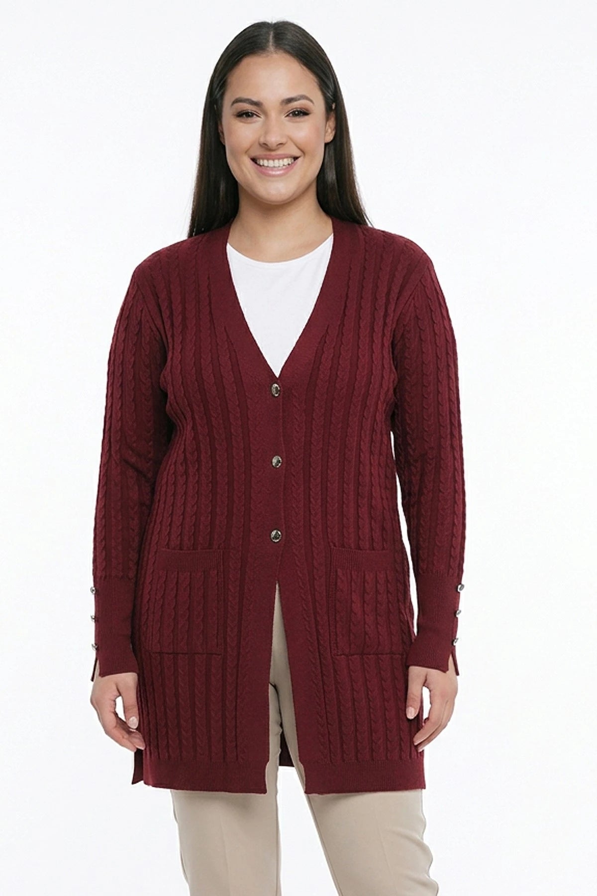 Image of Women's Cable Knit Mercerized Lycra Plus Size Cardigan