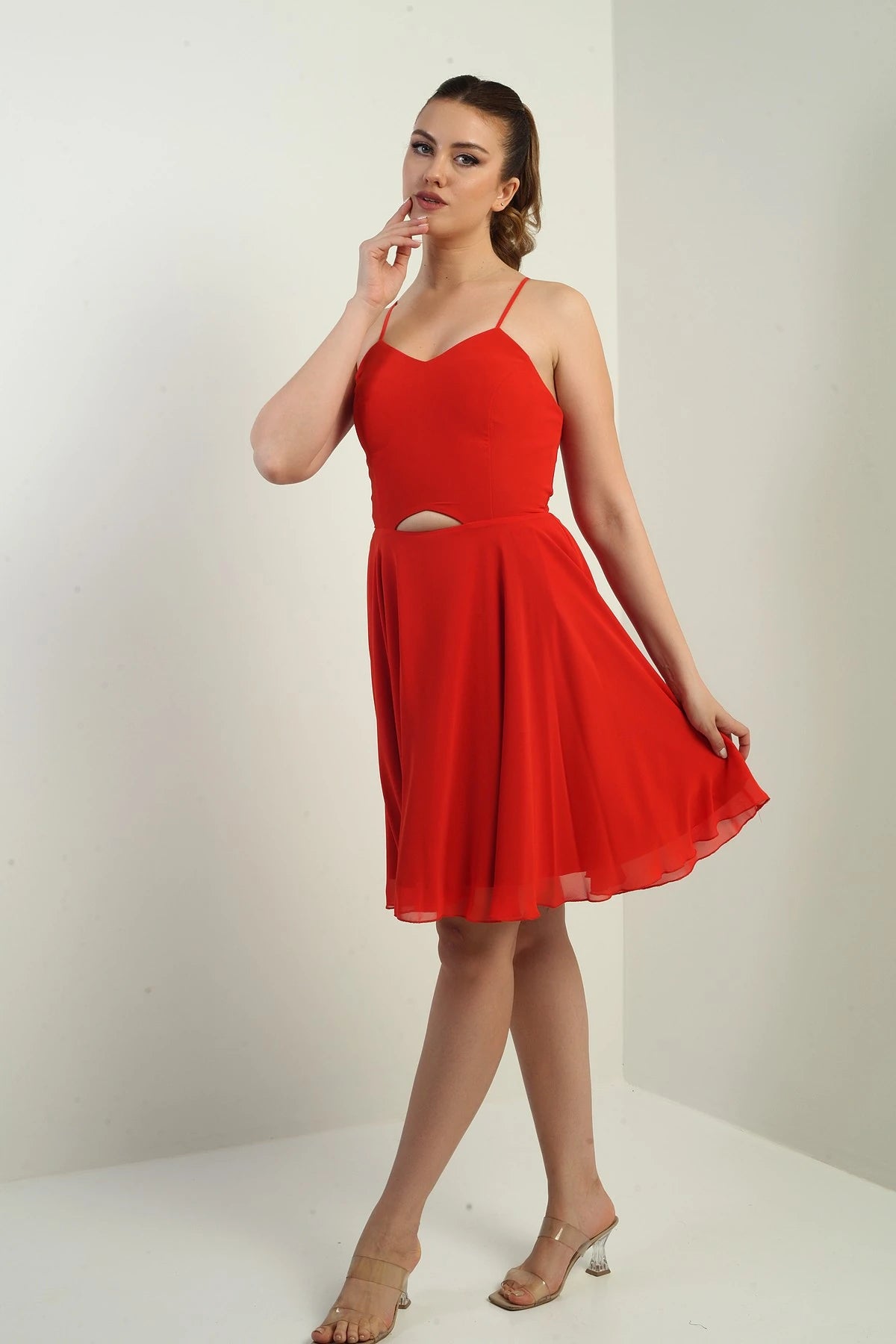 Image of Women's Strappy, Back-Tie, Front-Opening, Lined Chiffon Short Flared Dress