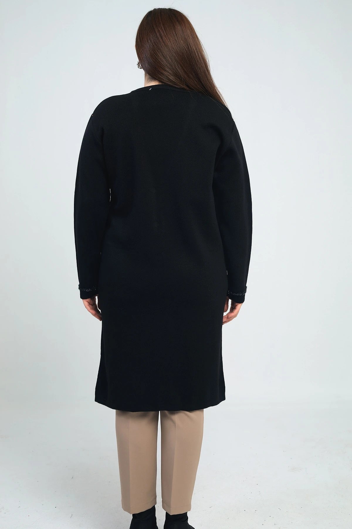 Image of Women's Plus Size Long Knit Cardigan with Pockets and Stripe Detail