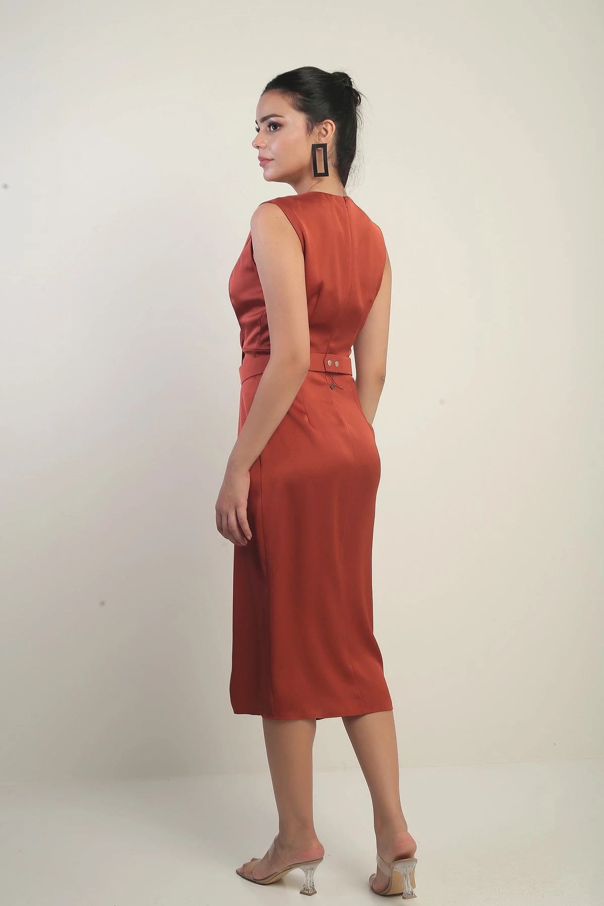 Image of Women's Wrap Neckline Front Pleated Belted Crepe Satin Dress